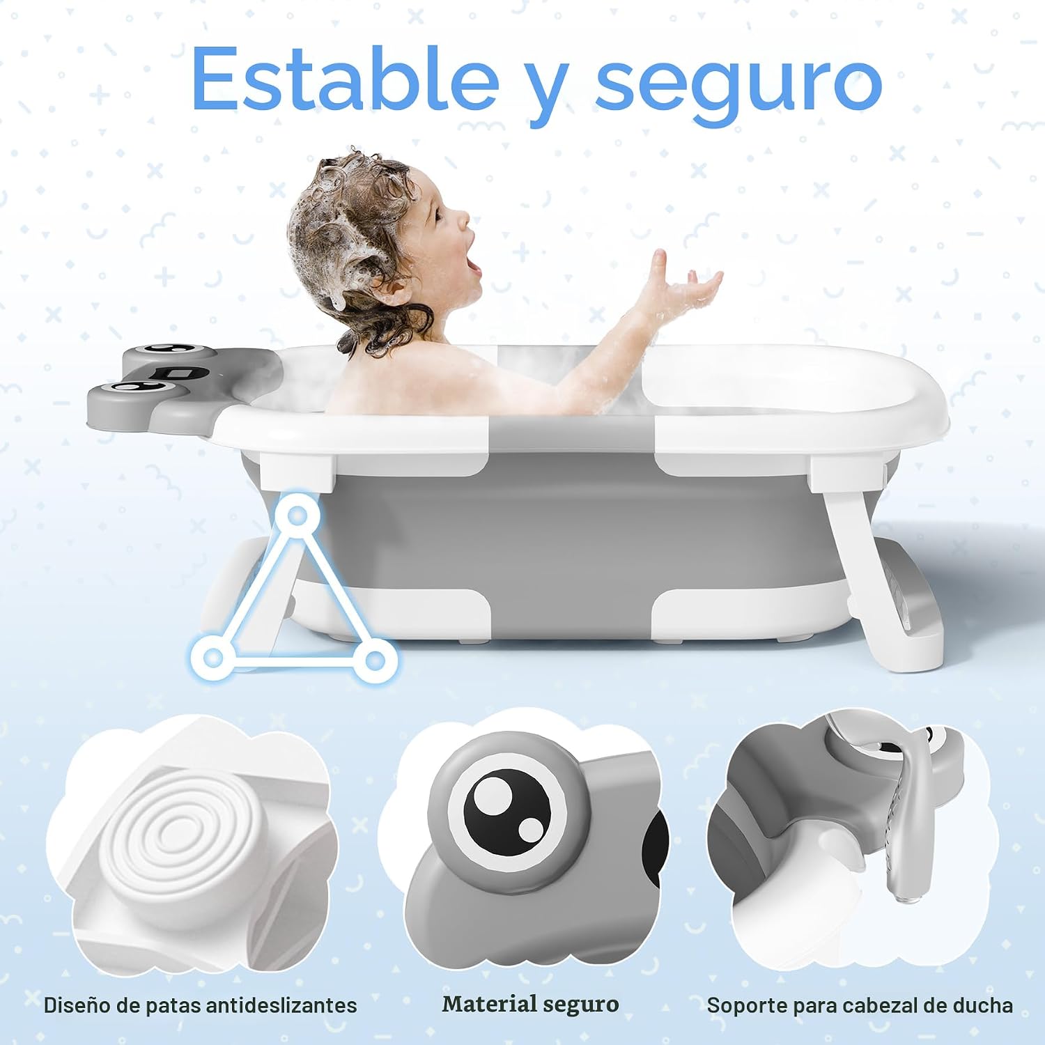 BAÑERA BUNWAG PLEGABLE PARA BEBÉ GRIS CON TERMÓMETRO Y COJÍN SUAVE - 2