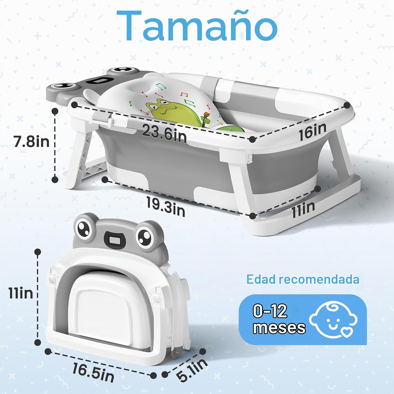BAÑERA BUNWAG PLEGABLE PARA BEBÉ GRIS CON TERMÓMETRO Y COJÍN SUAVE - 3