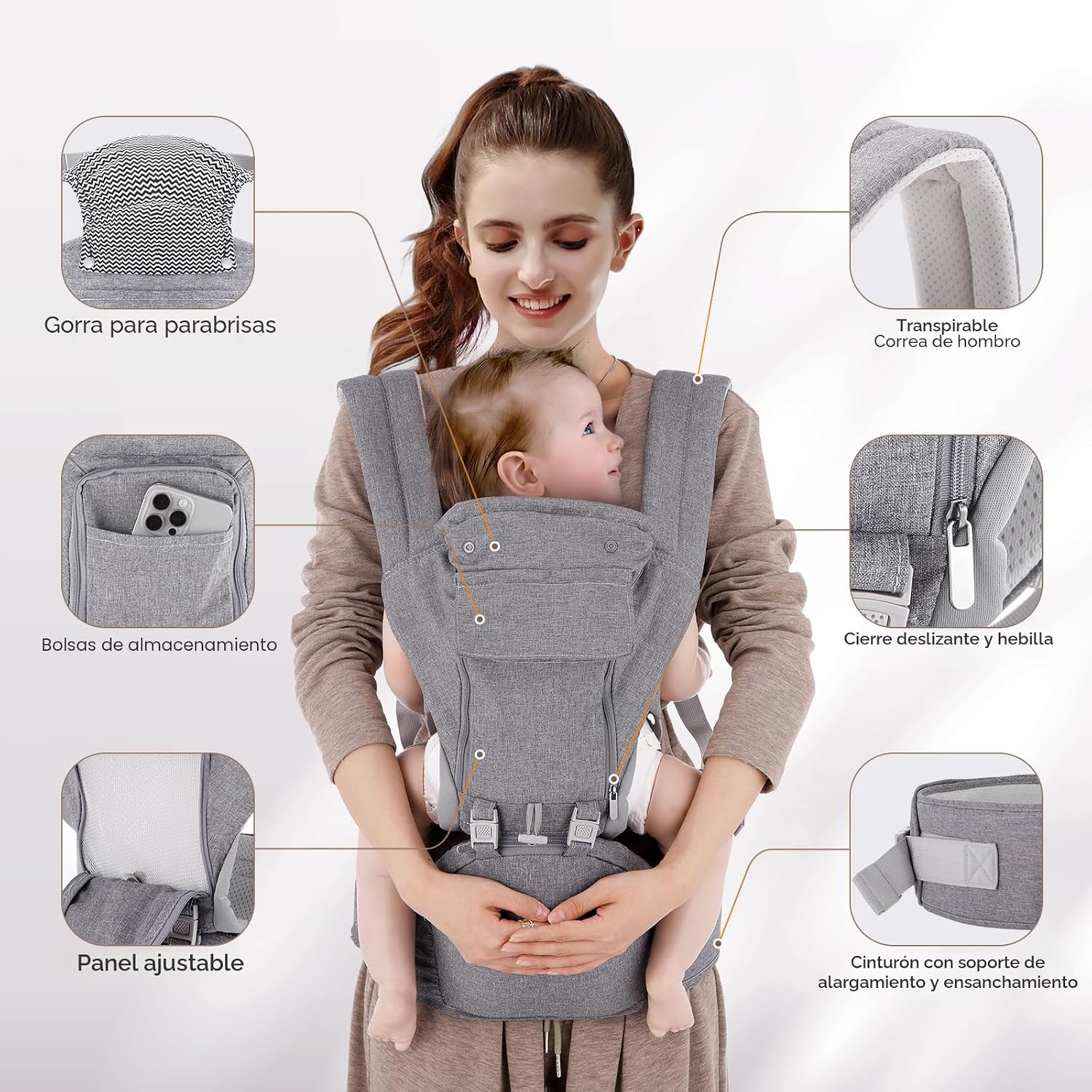 MOCHILA PORTABEBÉ KISDREAM 9 EN 1 GRIS ERGONÓMICO DE 3 A 36 MESES - 4