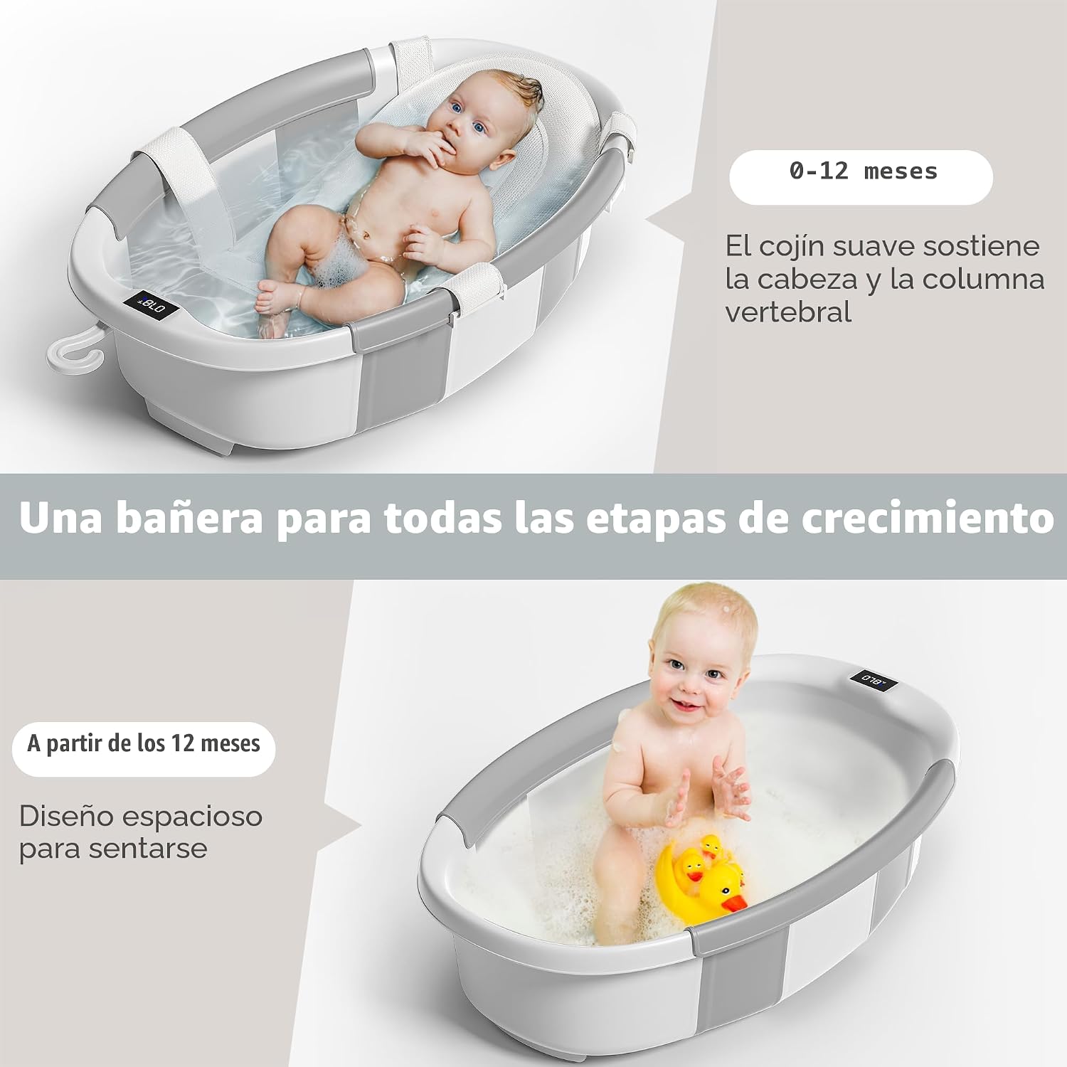 BAÑERA PLEGABLE HIMOLD PARA BEBÉ RECIÉN NACIDO A NIÑO PEQUEÑO 0-36 MESES GRIS - 2