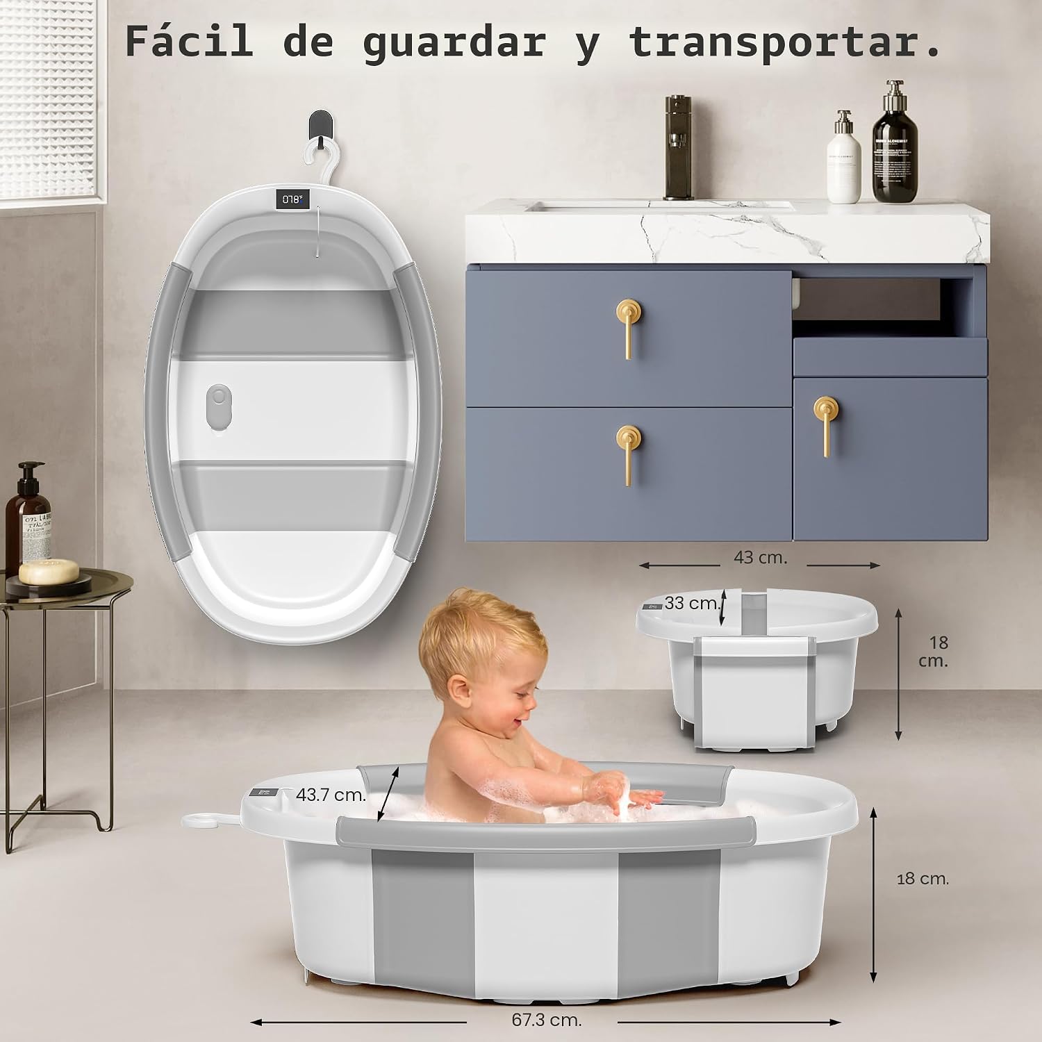 BAÑERA PLEGABLE HIMOLD PARA BEBÉ RECIÉN NACIDO A NIÑO PEQUEÑO 0-36 MESES GRIS - 3