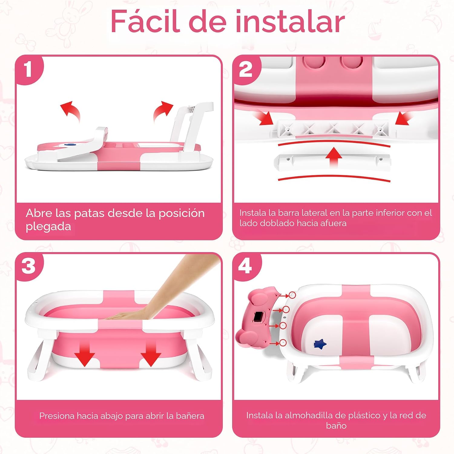 BAÑERA BUNWAG PLEGABLE PARA BEBÉ RECIÉN NACIDO A NIÑO PEQUEÑO ROSA - 5