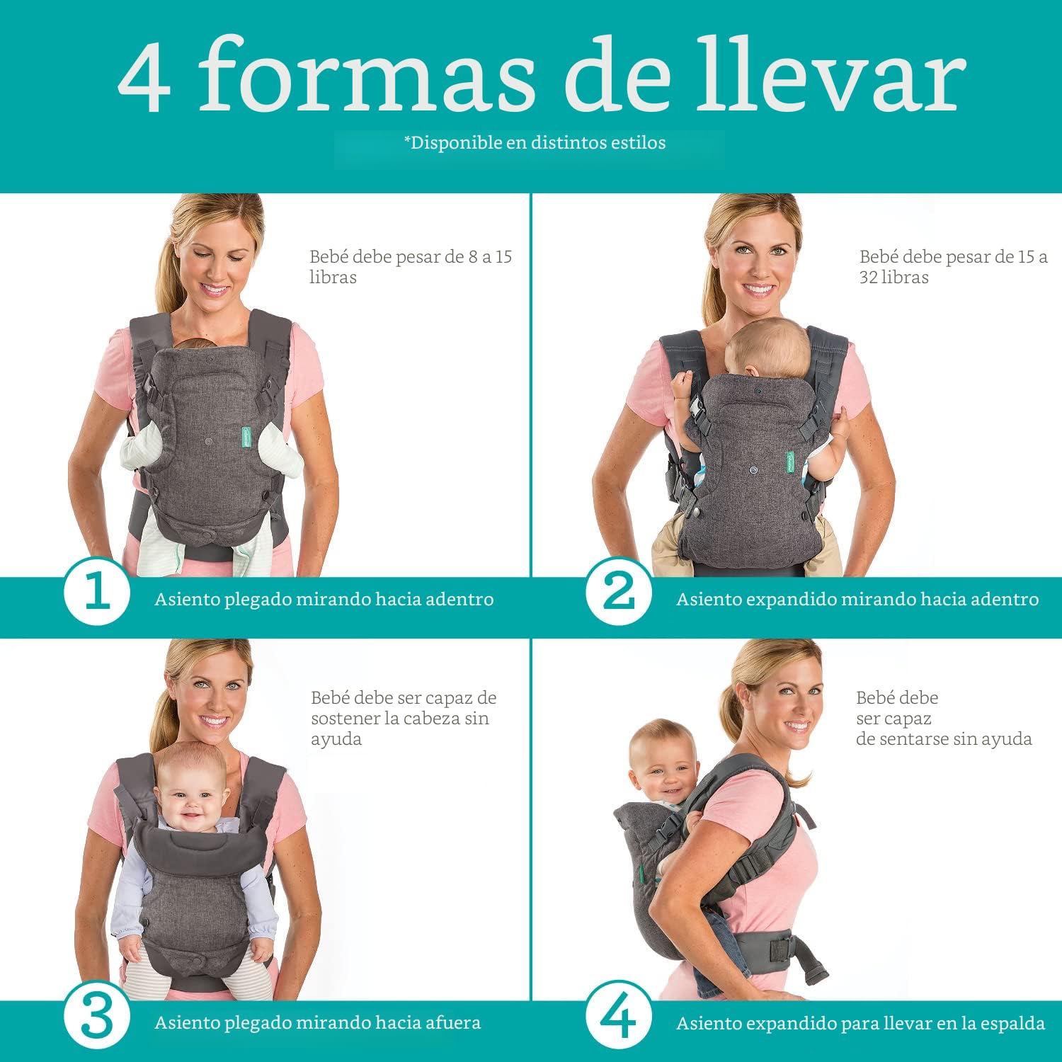 MOCHILA PORTABEBÉ INFANTINO FLIP 4 EN 1 CONVERTIBLE ERGONÓMICA GRIS - 2