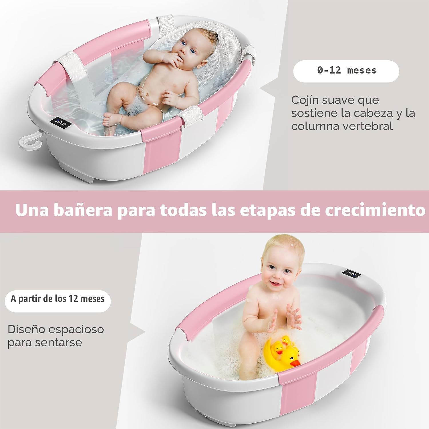 BAÑERA PLEGABLE HIMOLD PARA BEBÉ RECIÉN NACIDO A NIÑO 0-36 MESES ROSA CON TERMÓMETRO - 2