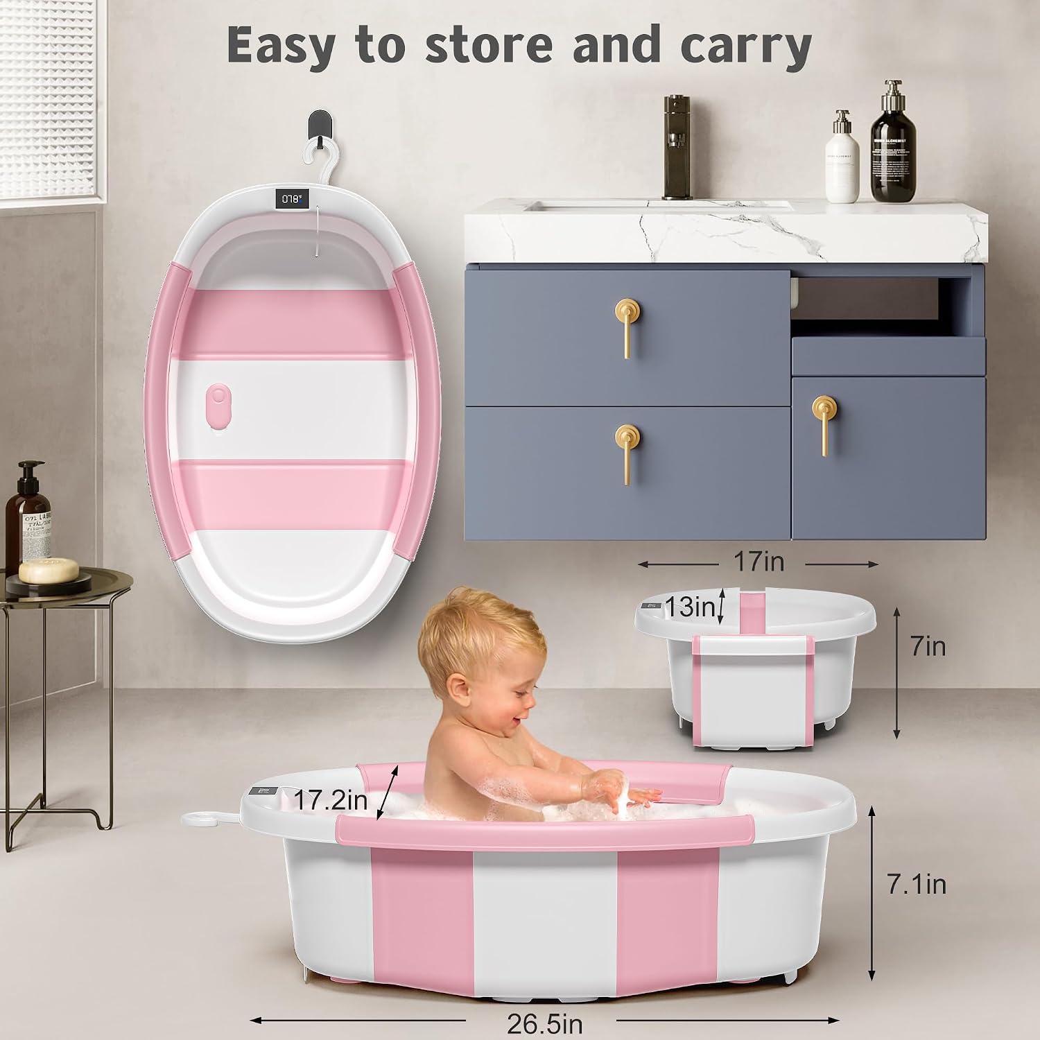 BAÑERA PLEGABLE HIMOLD PARA BEBÉ RECIÉN NACIDO A NIÑO 0-36 MESES ROSA CON TERMÓMETRO - 3