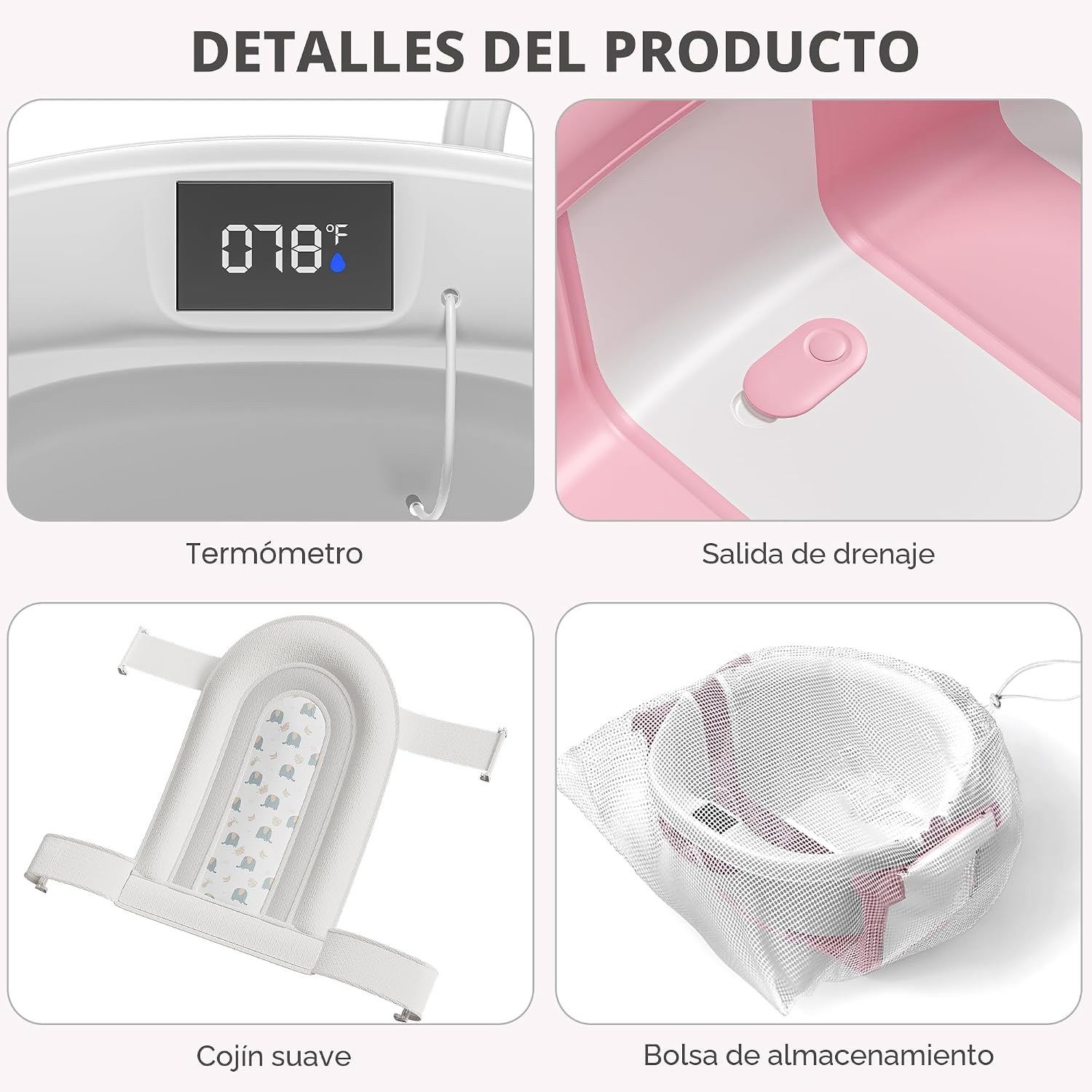 BAÑERA PLEGABLE HIMOLD PARA BEBÉ RECIÉN NACIDO A NIÑO 0-36 MESES ROSA CON TERMÓMETRO - 4