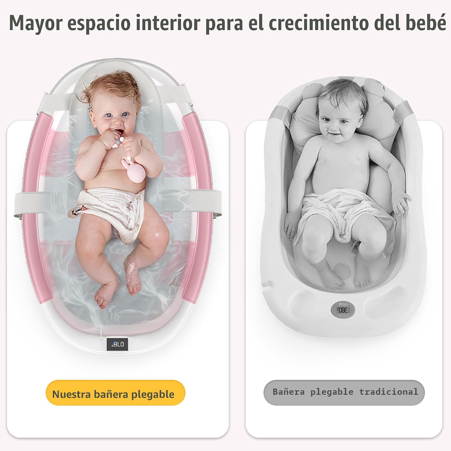 BAÑERA PLEGABLE HIMOLD PARA BEBÉ RECIÉN NACIDO A NIÑO 0-36 MESES ROSA CON TERMÓMETRO - 5