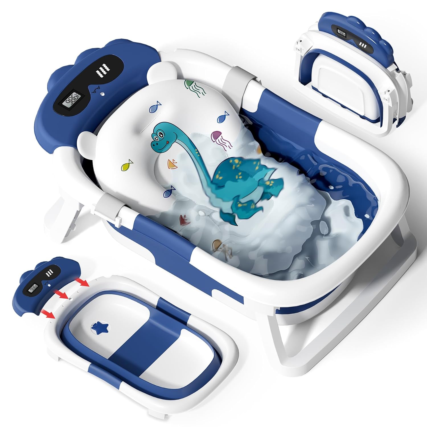 BAÑERA AVIDOR PLEGABLE PARA BEBÉ FORMA DINOSAURIO AZUL MARINO - 1