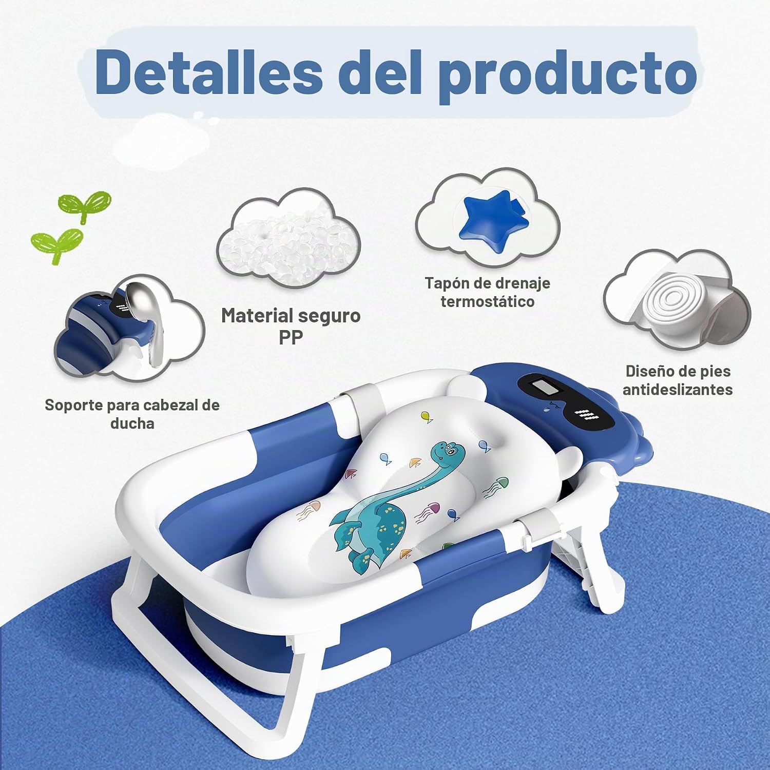 BAÑERA AVIDOR PLEGABLE PARA BEBÉ FORMA DINOSAURIO AZUL MARINO - 2