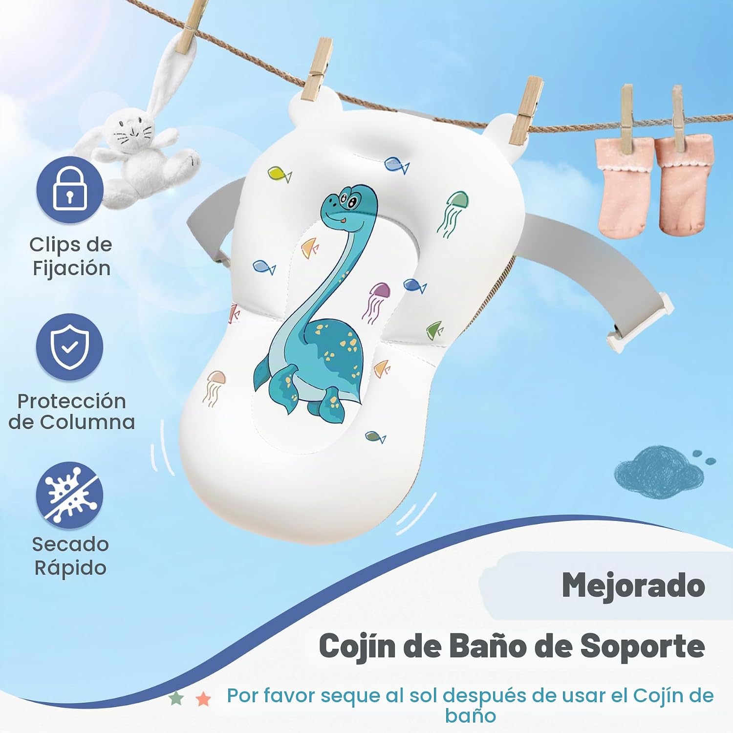 BAÑERA AVIDOR PLEGABLE PARA BEBÉ FORMA DINOSAURIO AZUL MARINO - 3