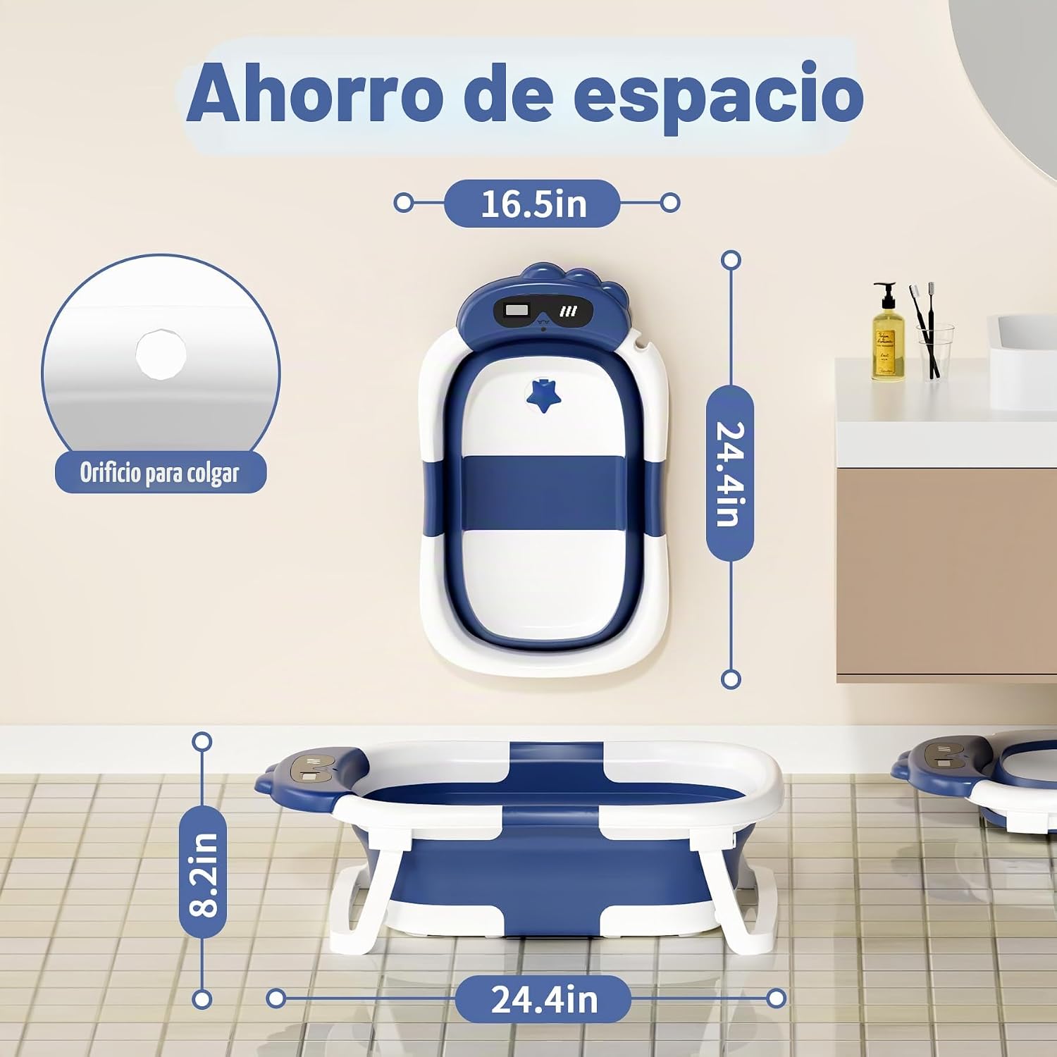 BAÑERA AVIDOR PLEGABLE PARA BEBÉ FORMA DINOSAURIO AZUL MARINO - 4