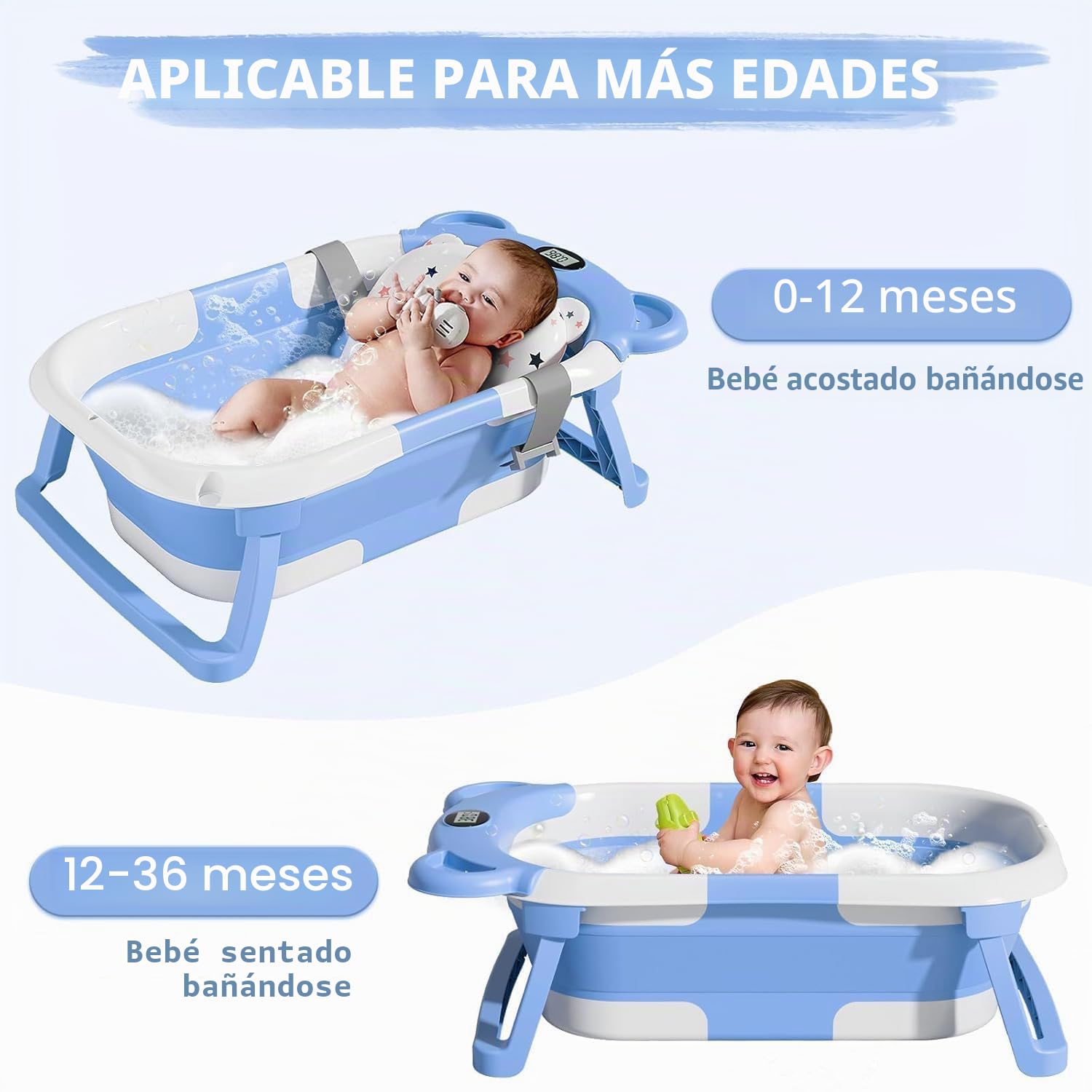 BAÑERA PLEGABLE TPN PARA BEBÉ CON TERMÓMETRO Y COJÍN, 0-36 MESES, GRIS - 3