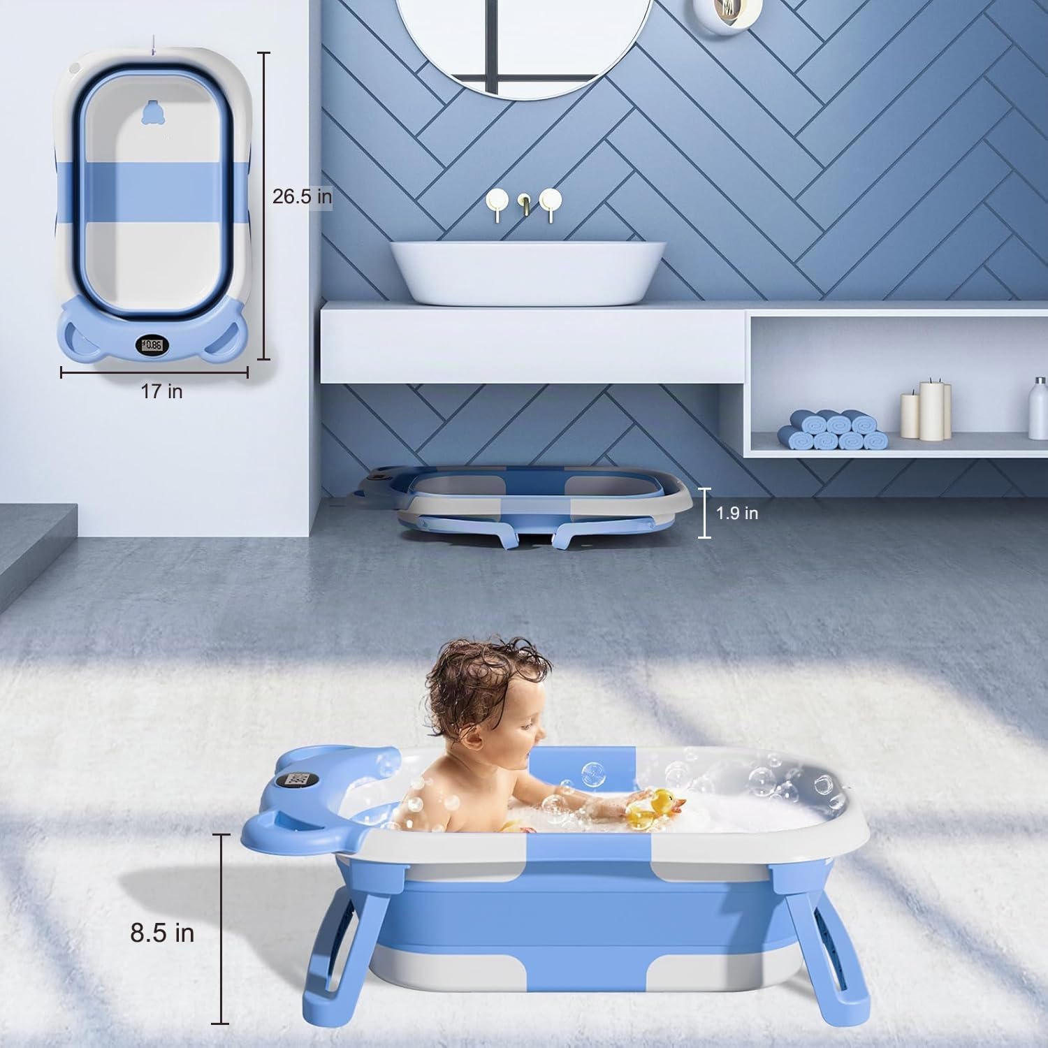 BAÑERA PLEGABLE TPN PARA BEBÉ CON TERMÓMETRO Y COJÍN, 0-36 MESES, GRIS - 4