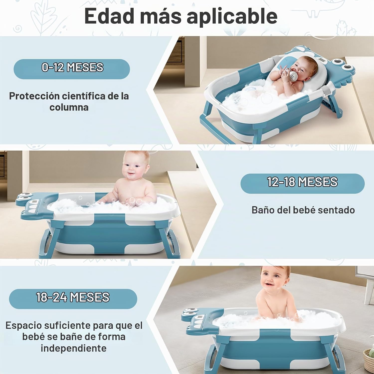 BAÑERA PLEGABLE PARA BEBÉ TAVLSHERO CON TERMÓMETRO Y COJÍN FLOTANTE AZUL - 3