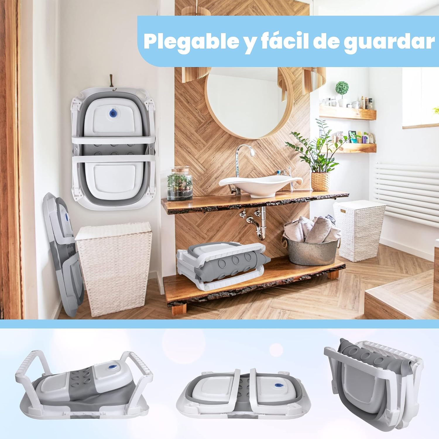 BAÑERA BEBELEH PLEGABLE CON TERMÓMETRO GRIS PARA RECIÉN NACIDO A NIÑO 0-24 MESES - 5