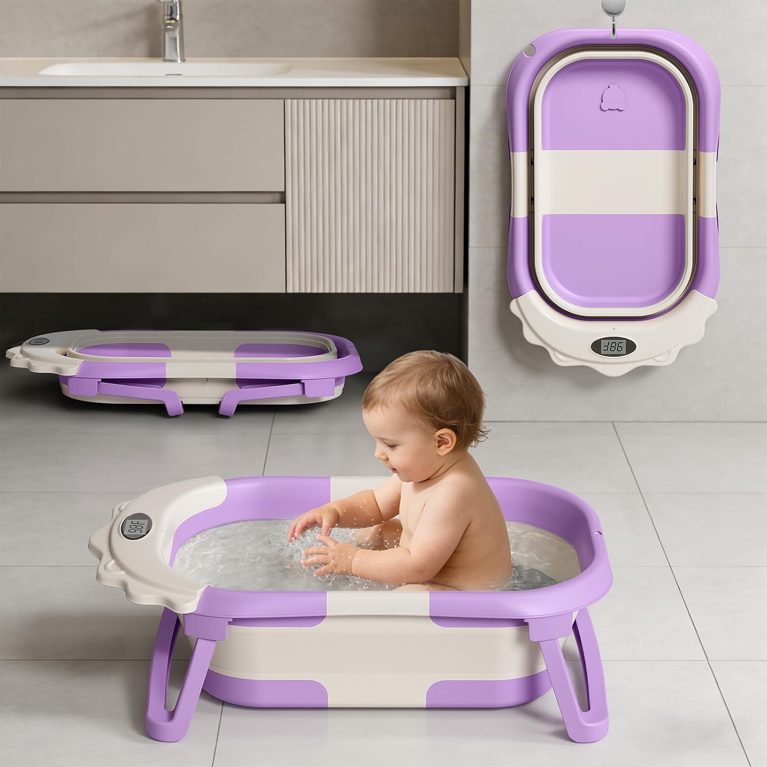 BAÑERA PLEGABLE PARA BEBÉ TPN CON TERMÓMETRO DIGITAL Y COJÍN FLOTANTE LAVANDA - 2