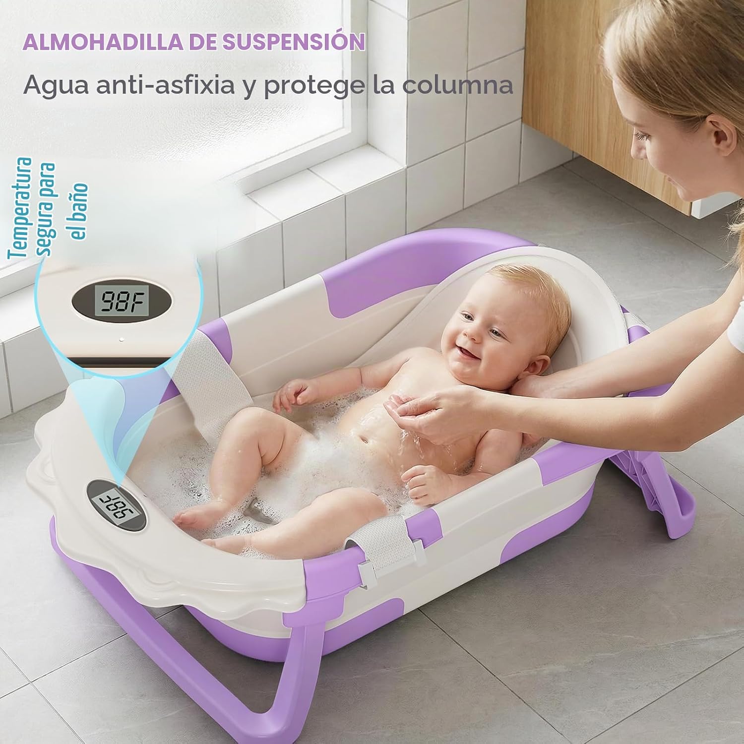 BAÑERA PLEGABLE PARA BEBÉ TPN CON TERMÓMETRO DIGITAL Y COJÍN FLOTANTE LAVANDA - 3