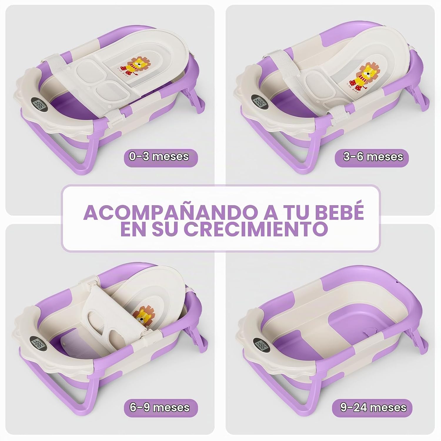 BAÑERA PLEGABLE PARA BEBÉ TPN CON TERMÓMETRO DIGITAL Y COJÍN FLOTANTE LAVANDA - 4