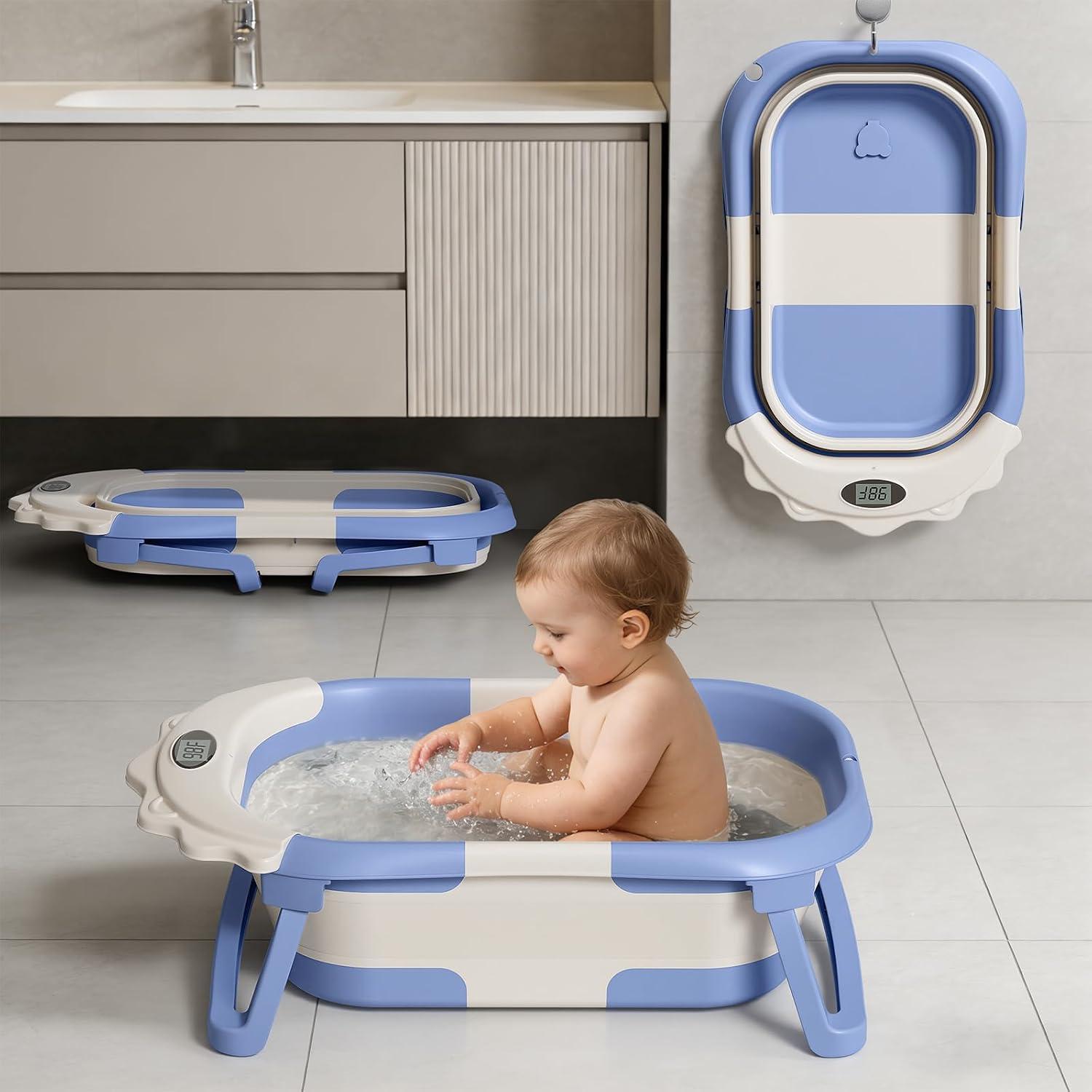 BAÑERA PLEGABLE TPN 4 EN 1 AZUL CON TERMÓMETRO Y COJÍN FLOTANTE - 3