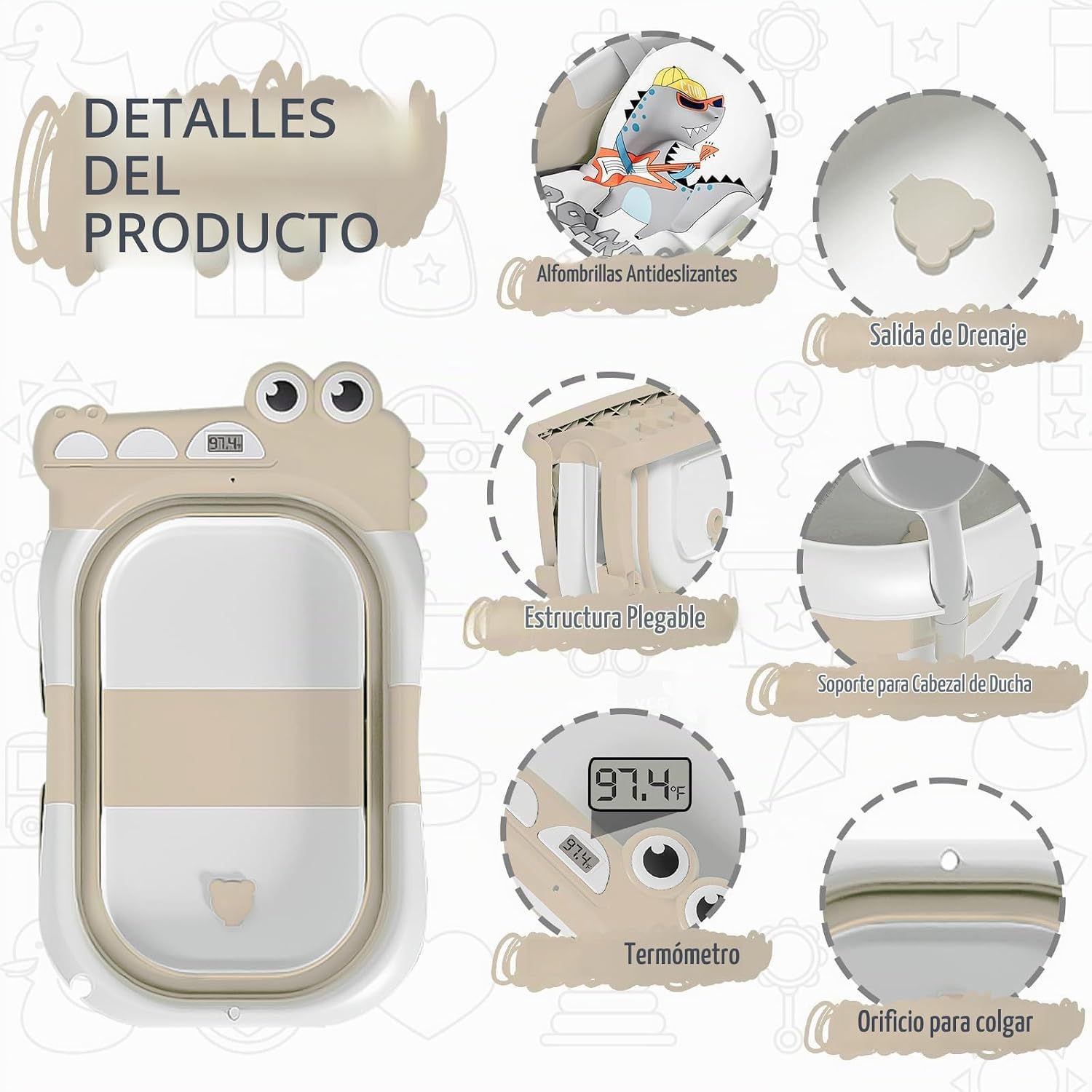 BAÑERA PLEGABLE PARA BEBÉ TAVLSHERO CON TERMÓMETRO Y COJÍN FLOTANTE BEIGE - 2