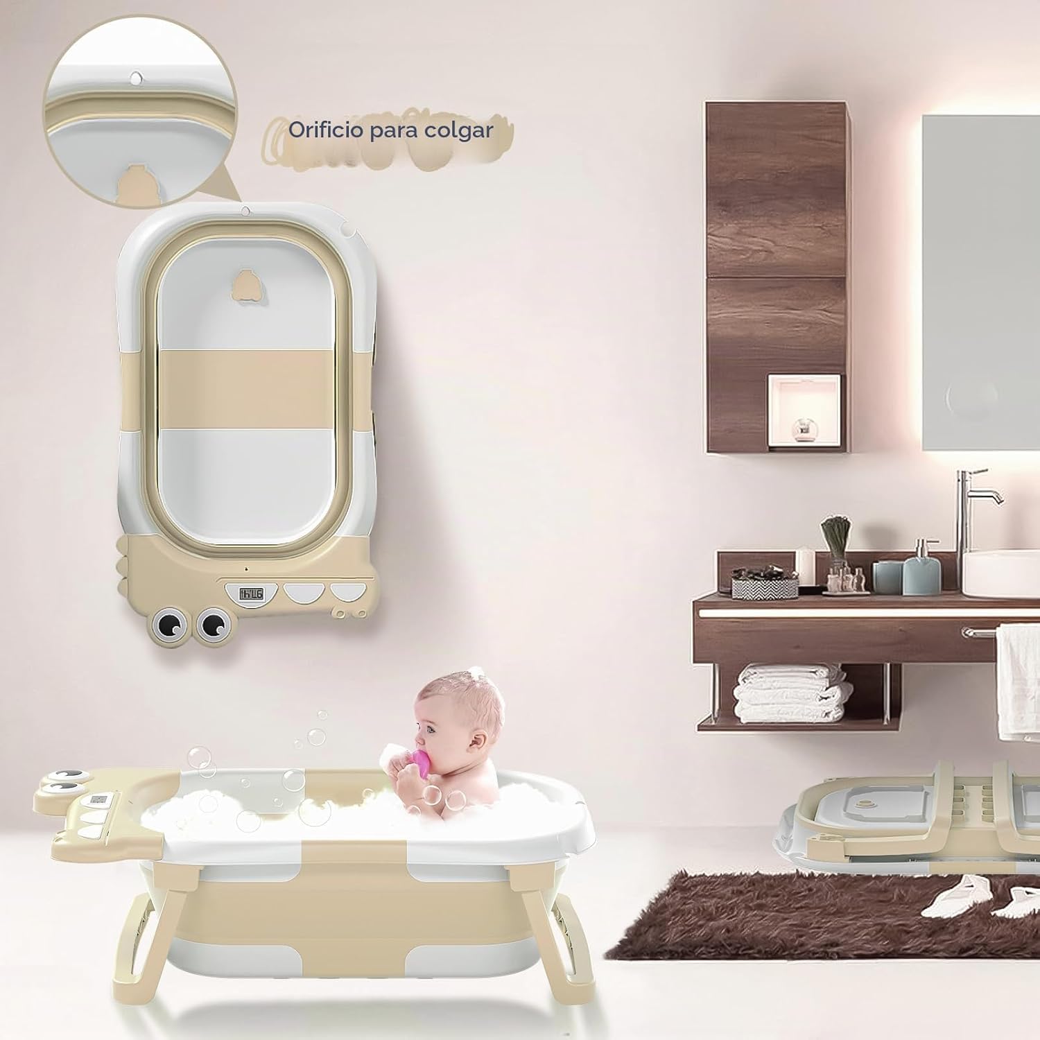 BAÑERA PLEGABLE PARA BEBÉ TAVLSHERO CON TERMÓMETRO Y COJÍN FLOTANTE BEIGE - 4