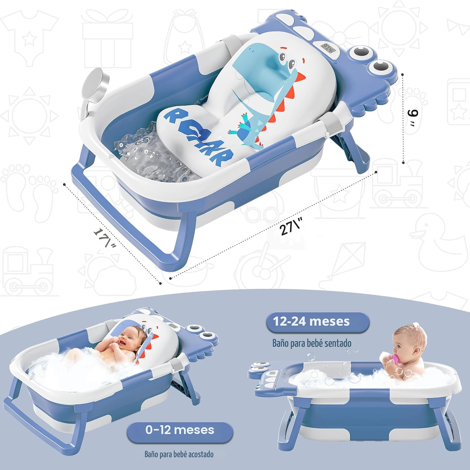 BAÑERA PLEGABLE MOREFEEL PARA BEBÉ CON TERMÓMETRO, TOALLA CON CAPUCHA Y COJÍN FLOTANTE - 2