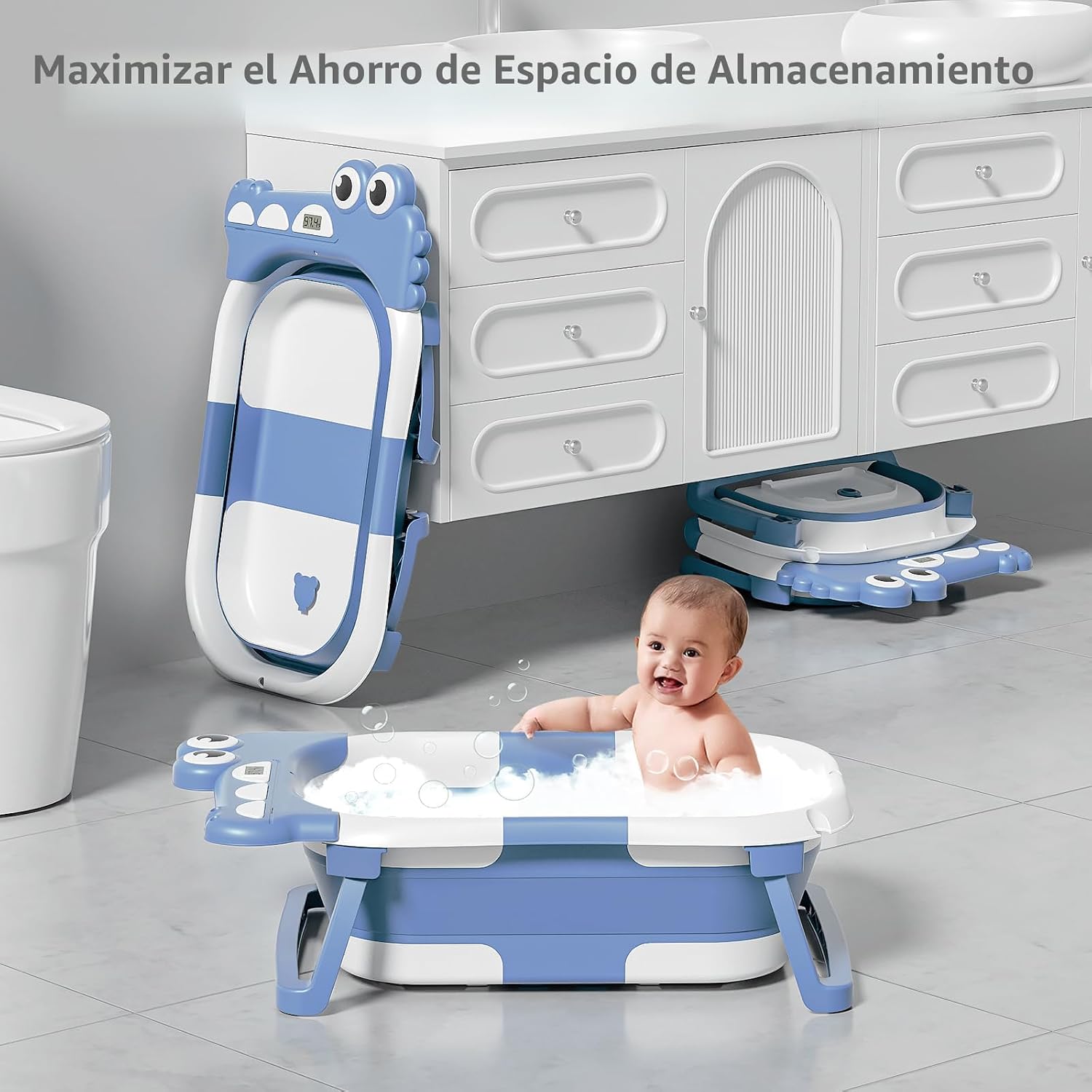 BAÑERA PLEGABLE MOREFEEL PARA BEBÉ CON TERMÓMETRO, TOALLA CON CAPUCHA Y COJÍN FLOTANTE - 5