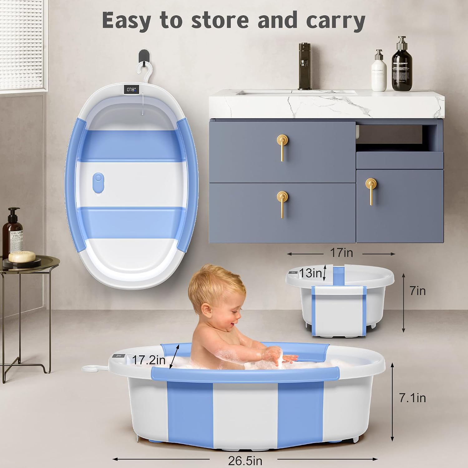 BAÑERA PLEGABLE HIMOLD PARA BEBÉ 0-36 MESES AZUL CON TERMÓMETRO Y COJÍN - 3