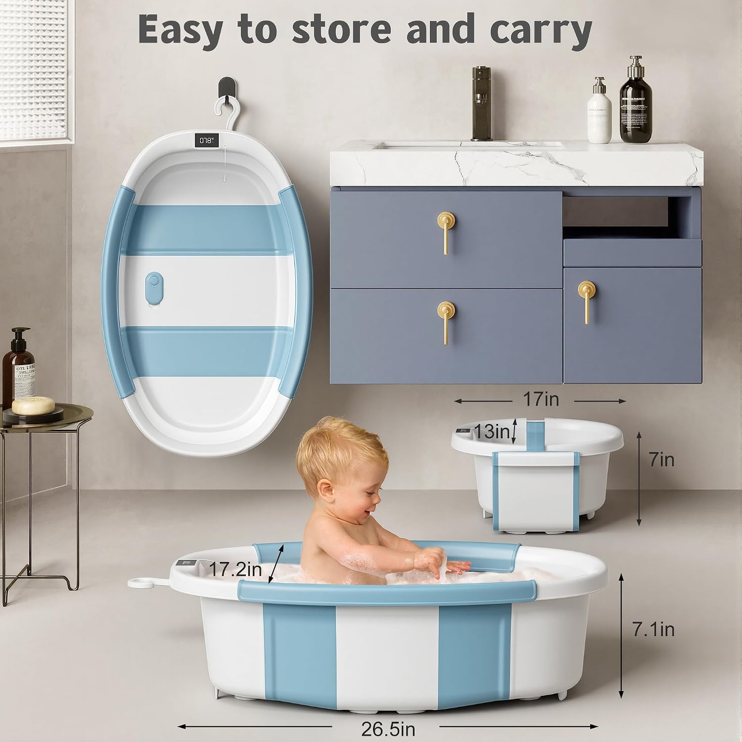 BAÑERA PLEGABLE HIMOLD PARA BEBÉ 0-36 MESES AZUL BEBÉ CON TERMÓMETRO Y COJÍN - 3