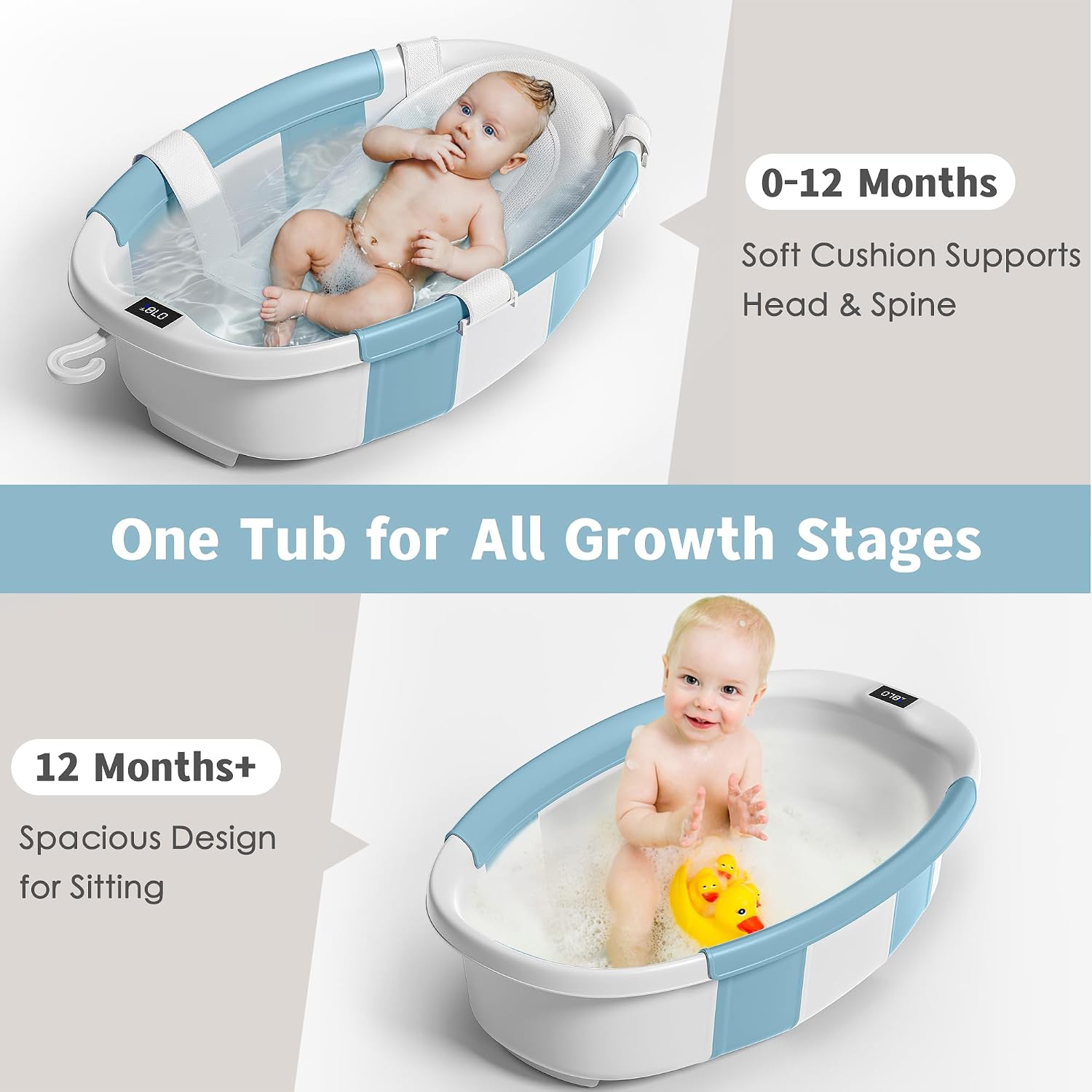 BAÑERA PLEGABLE HIMOLD PARA BEBÉ 0-36 MESES AZUL BEBÉ CON TERMÓMETRO Y COJÍN - 4