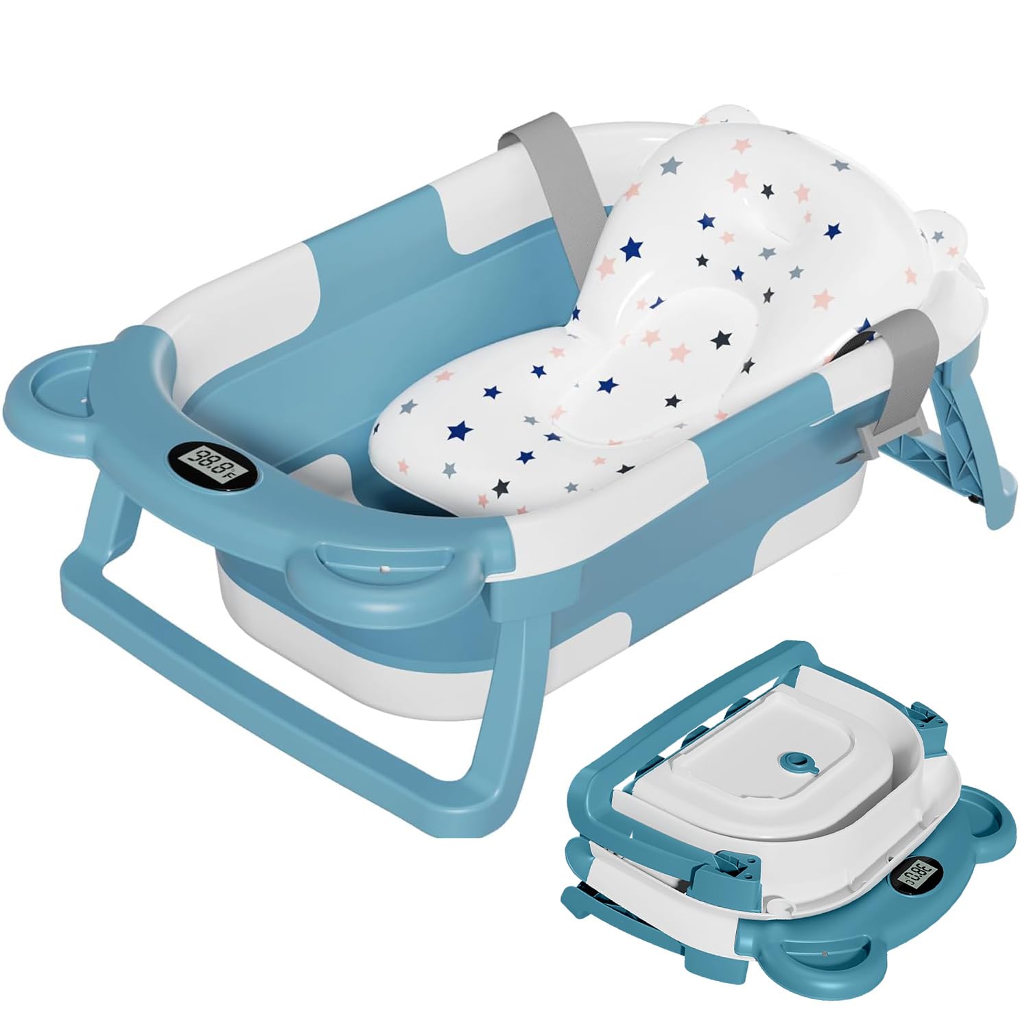 BAÑERA PLEGABLE PARA BEBÉ TPN YT-6868 CON MONITOR DE TEMPERATURA Y COJÍN FLOTANTE AZUL - 1