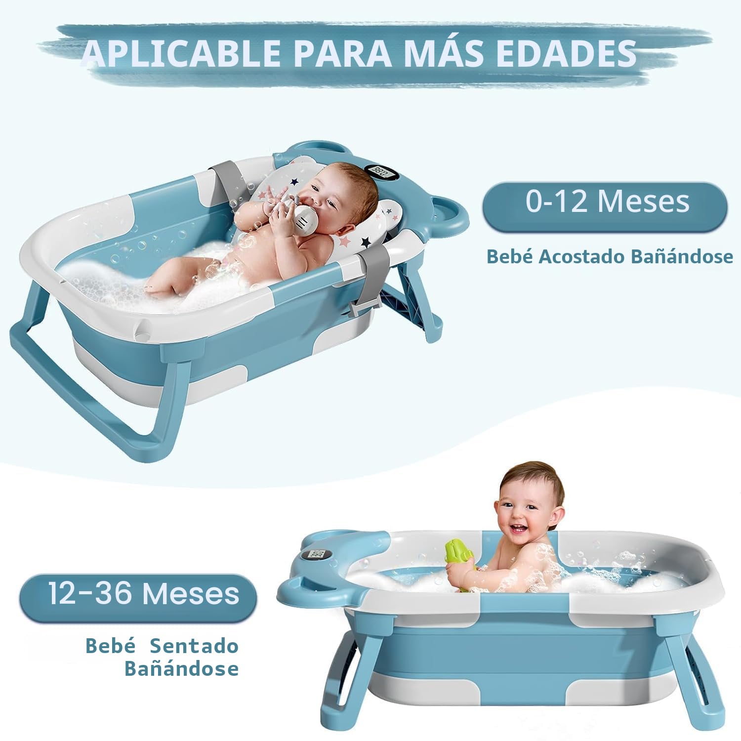BAÑERA PLEGABLE PARA BEBÉ TPN YT-6868 CON MONITOR DE TEMPERATURA Y COJÍN FLOTANTE AZUL - 3