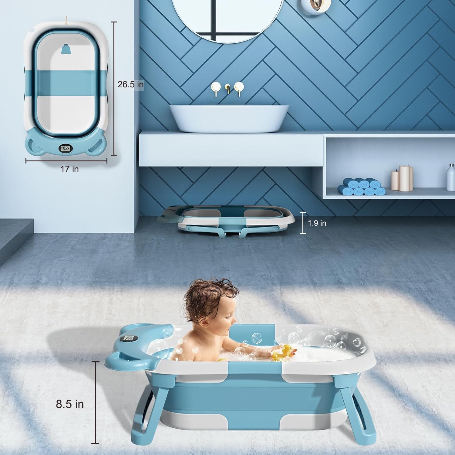 BAÑERA PLEGABLE PARA BEBÉ TPN YT-6868 CON MONITOR DE TEMPERATURA Y COJÍN FLOTANTE AZUL - 4
