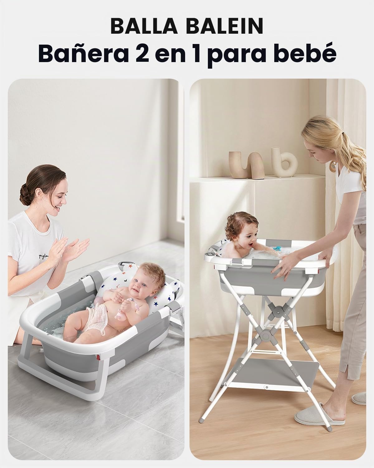 BAÑERA PARA BEBÉ 2 EN 1 PLEGABLE CON SOPORTE BALLA BALEIN GRIS - 2