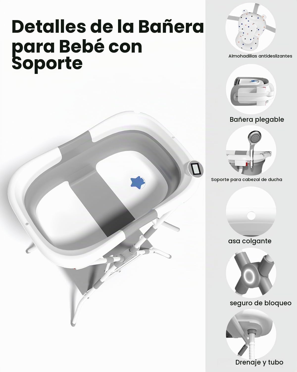 BAÑERA PARA BEBÉ 2 EN 1 PLEGABLE CON SOPORTE BALLA BALEIN GRIS - 4