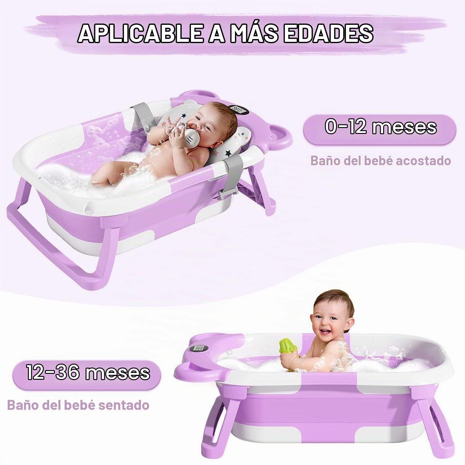 BAÑERA PLEGABLE TPN PARA BEBÉ CON TERMÓMETRO Y COJÍN, 0-36 MESES, GRIS - 3