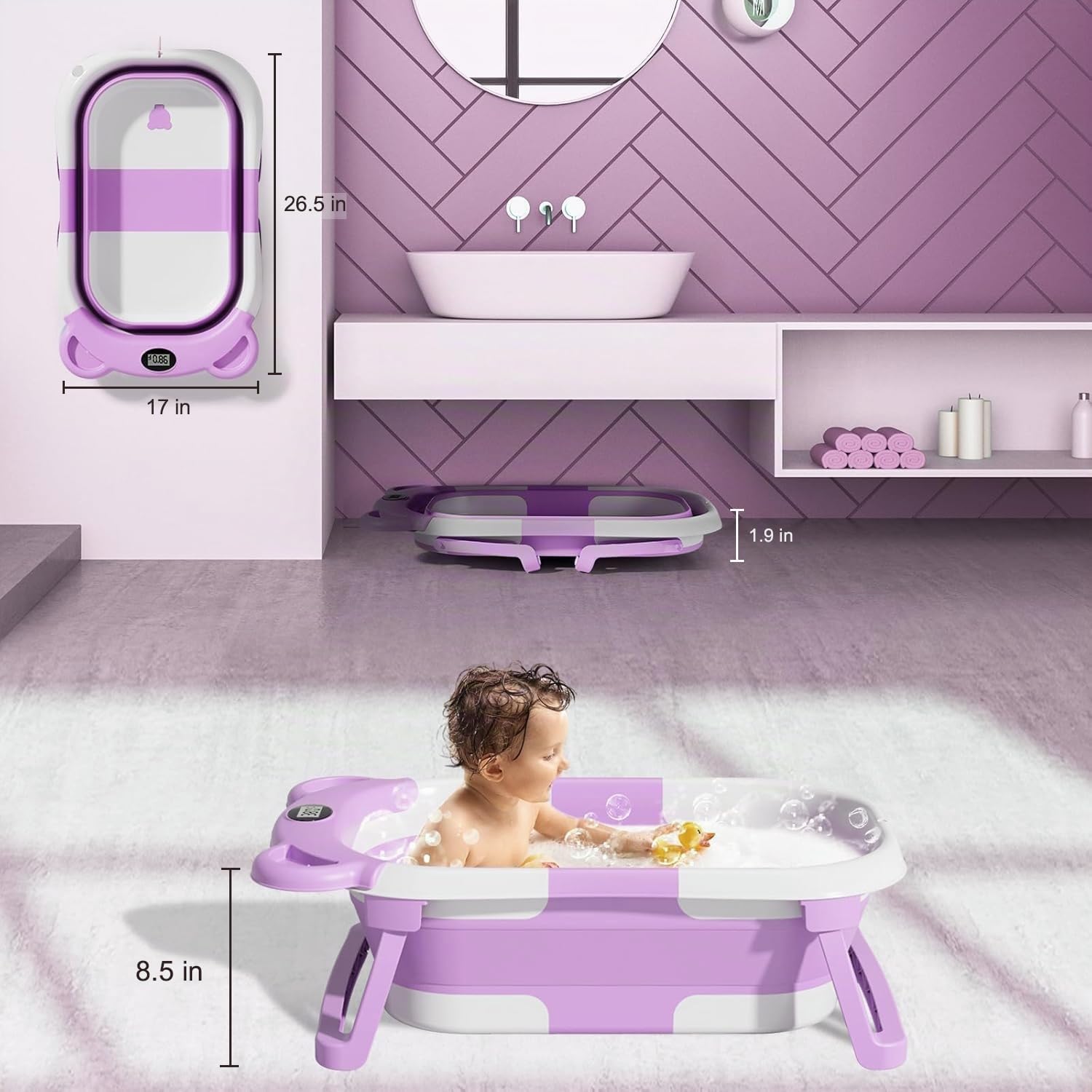 BAÑERA PLEGABLE TPN PARA BEBÉ CON TERMÓMETRO Y COJÍN, 0-36 MESES, GRIS - 4