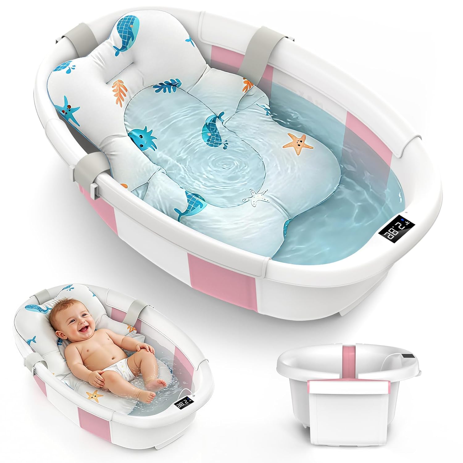 BAÑERA PLEGABLE PARA BEBÉ SKYNYCE 0-36 MESES CON TERMÓMETRO Y COJÍN ROSA - 1