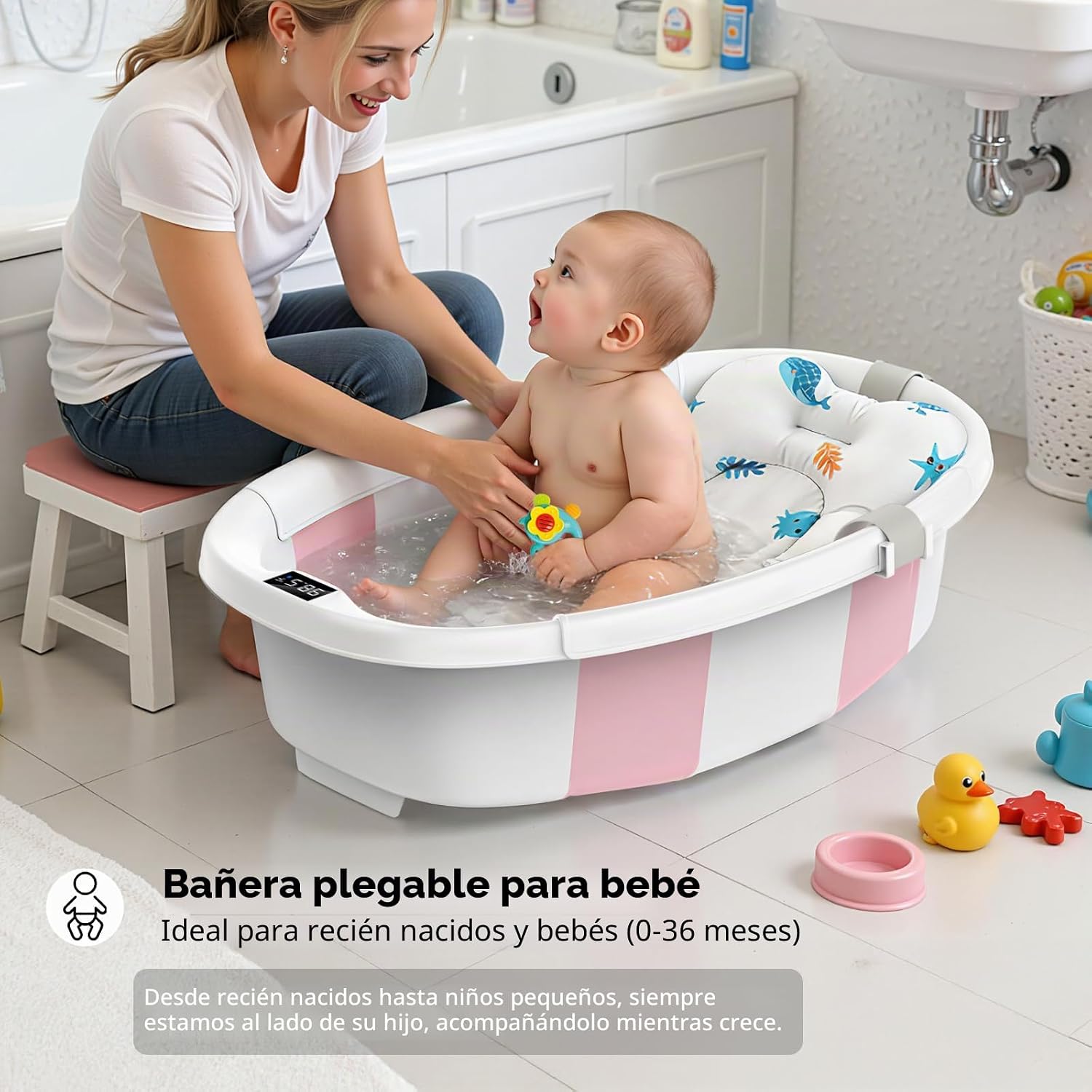 BAÑERA PLEGABLE PARA BEBÉ SKYNYCE 0-36 MESES CON TERMÓMETRO Y COJÍN ROSA - 2