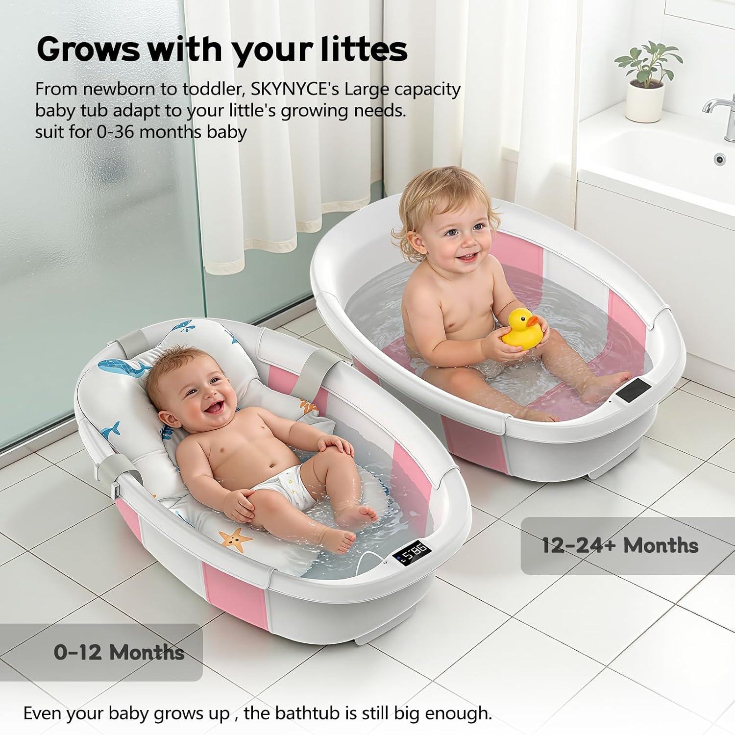 BAÑERA PLEGABLE PARA BEBÉ SKYNYCE 0-36 MESES CON TERMÓMETRO Y COJÍN ROSA - 3