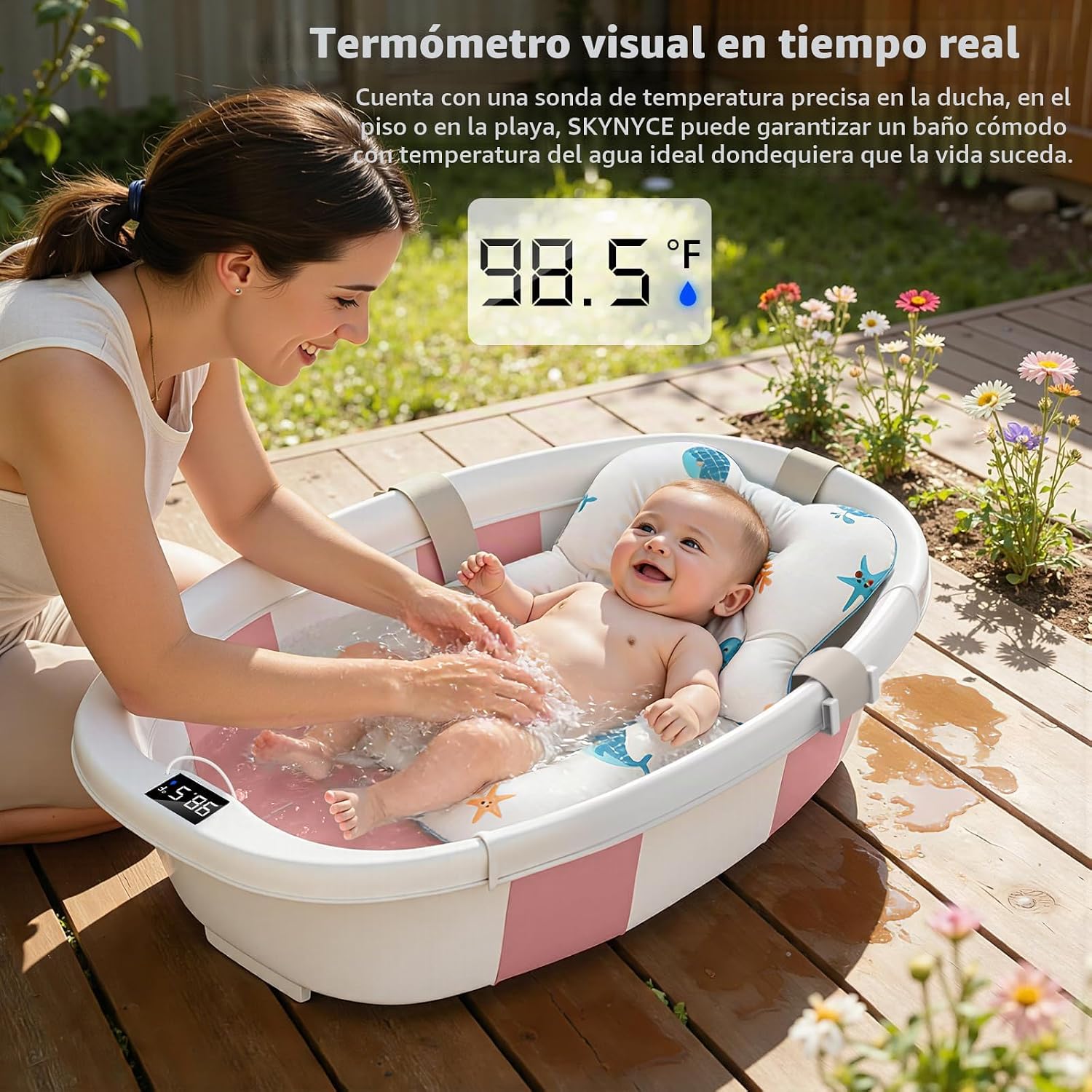 BAÑERA PLEGABLE PARA BEBÉ SKYNYCE 0-36 MESES CON TERMÓMETRO Y COJÍN ROSA - 4