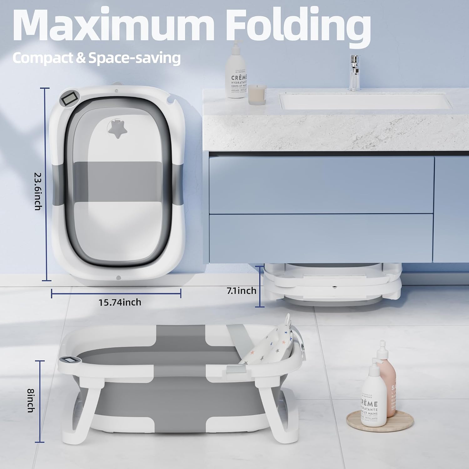 BAÑERA PLEGABLE IBABYMAX CON TERMÓMETRO PARA BEBÉS 0-36 MESES GRIS - 3