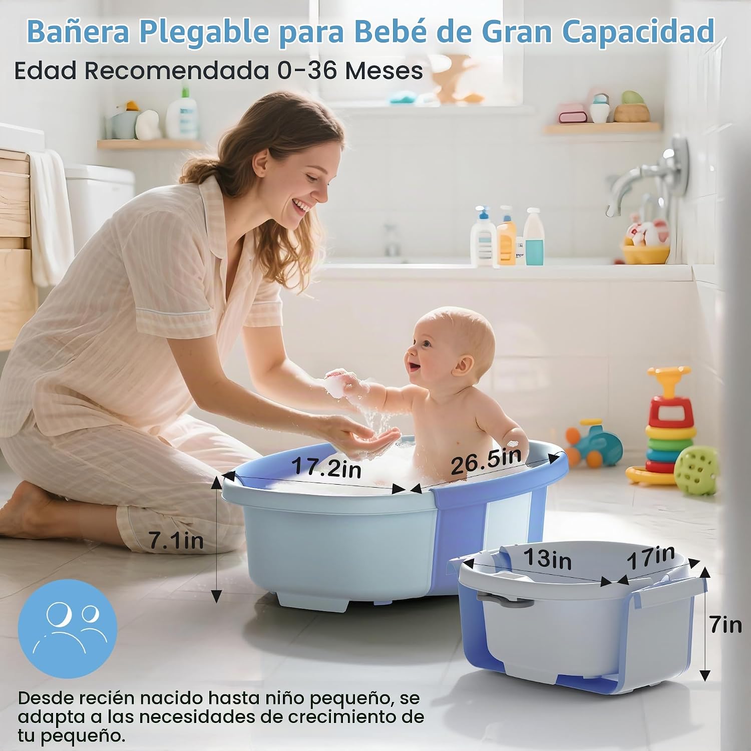 BAÑERA PLEGABLE PARA BEBÉ SPLUVVLY AZUL CON TERMÓMETRO Y COJÍN - 3