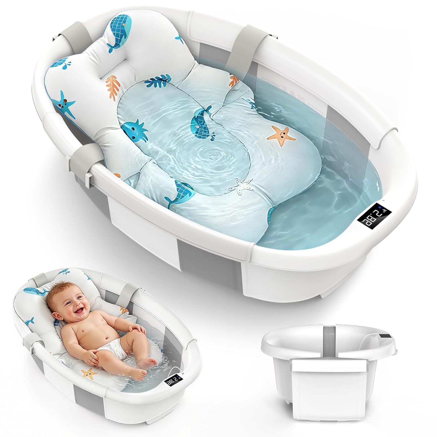 BAÑERA PLEGABLE PARA BEBÉ SKYNYCE GRIS 0-36 MESES CON TERMÓMETRO - 1