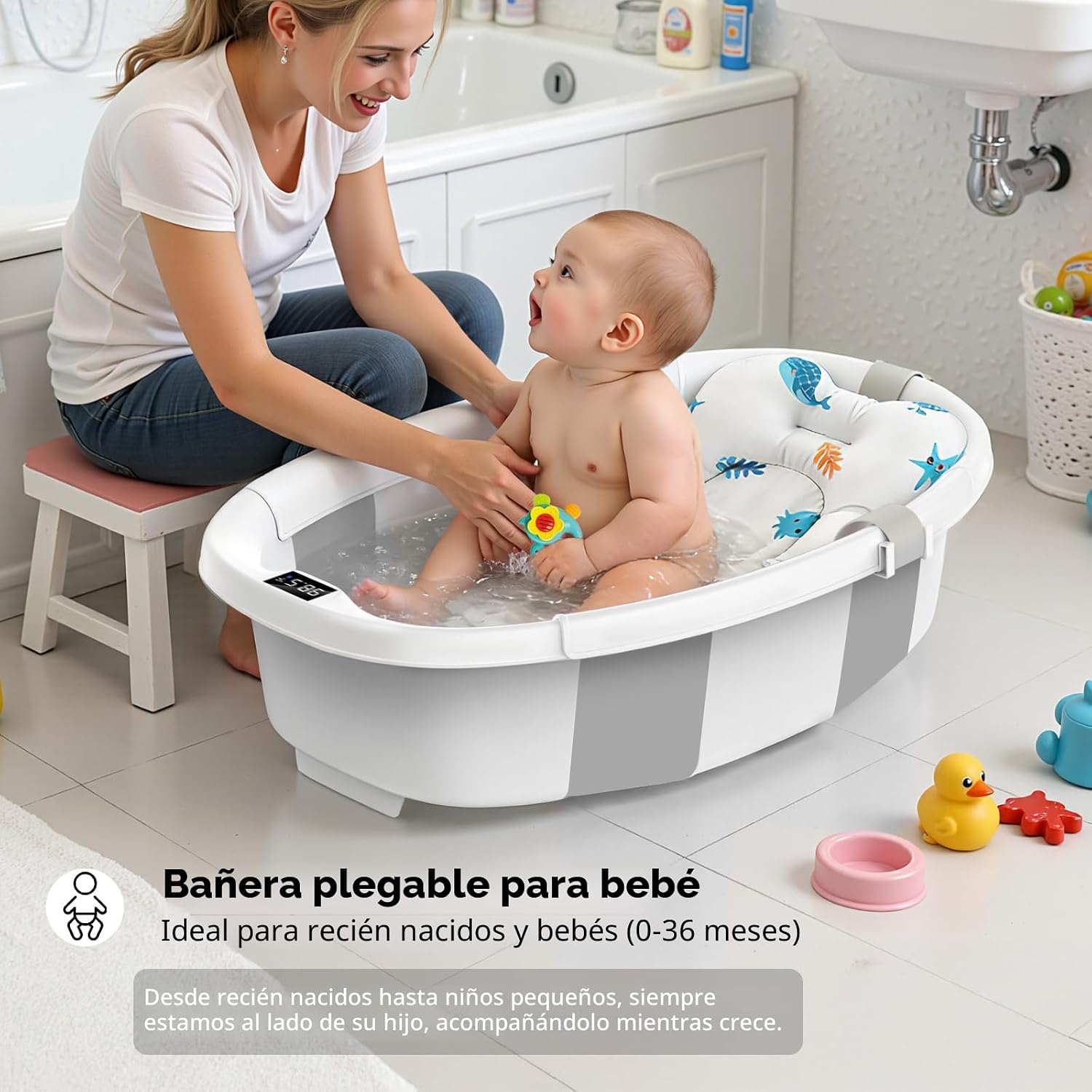 BAÑERA PLEGABLE PARA BEBÉ SKYNYCE GRIS 0-36 MESES CON TERMÓMETRO - 2
