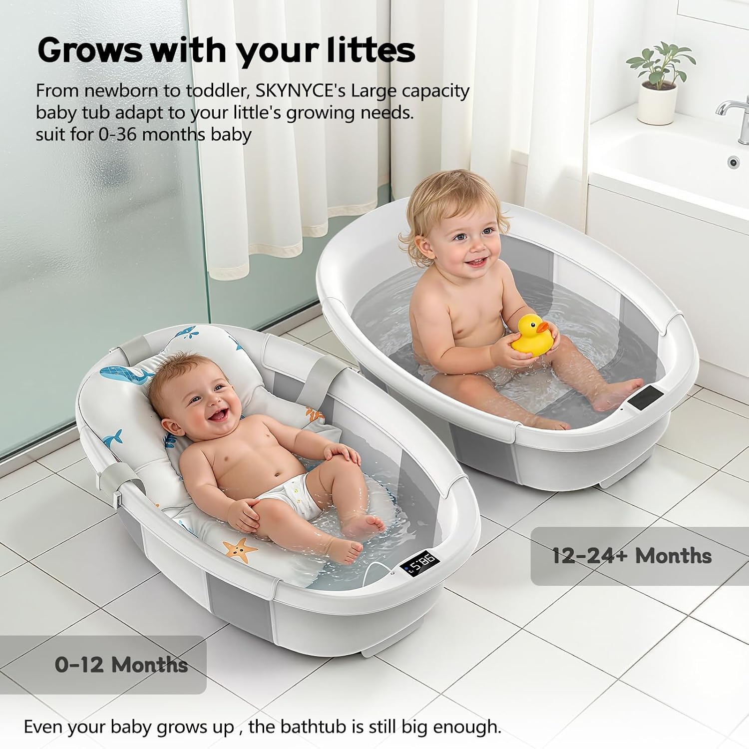 BAÑERA PLEGABLE PARA BEBÉ SKYNYCE GRIS 0-36 MESES CON TERMÓMETRO - 3