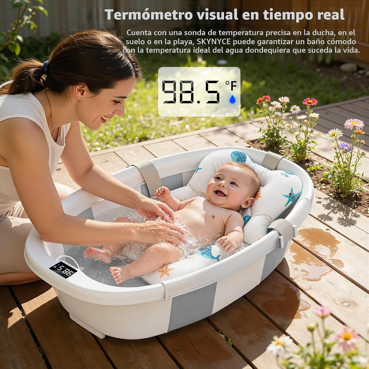 BAÑERA PLEGABLE PARA BEBÉ SKYNYCE GRIS 0-36 MESES CON TERMÓMETRO - 5