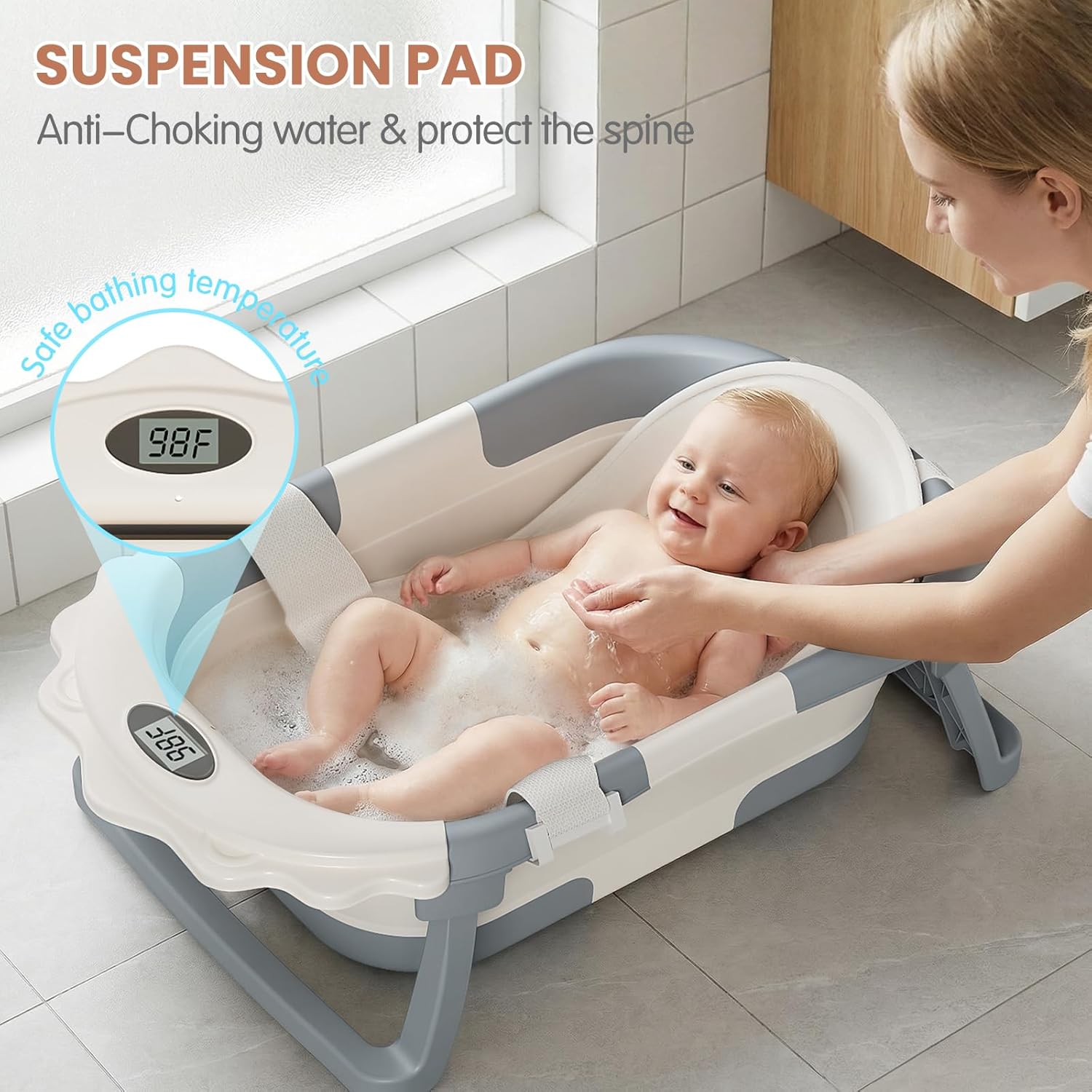 BAÑERA INFANTIL TPN 4-EN-1 PLEGABLE GRIS CON TERMÓMETRO - 2
