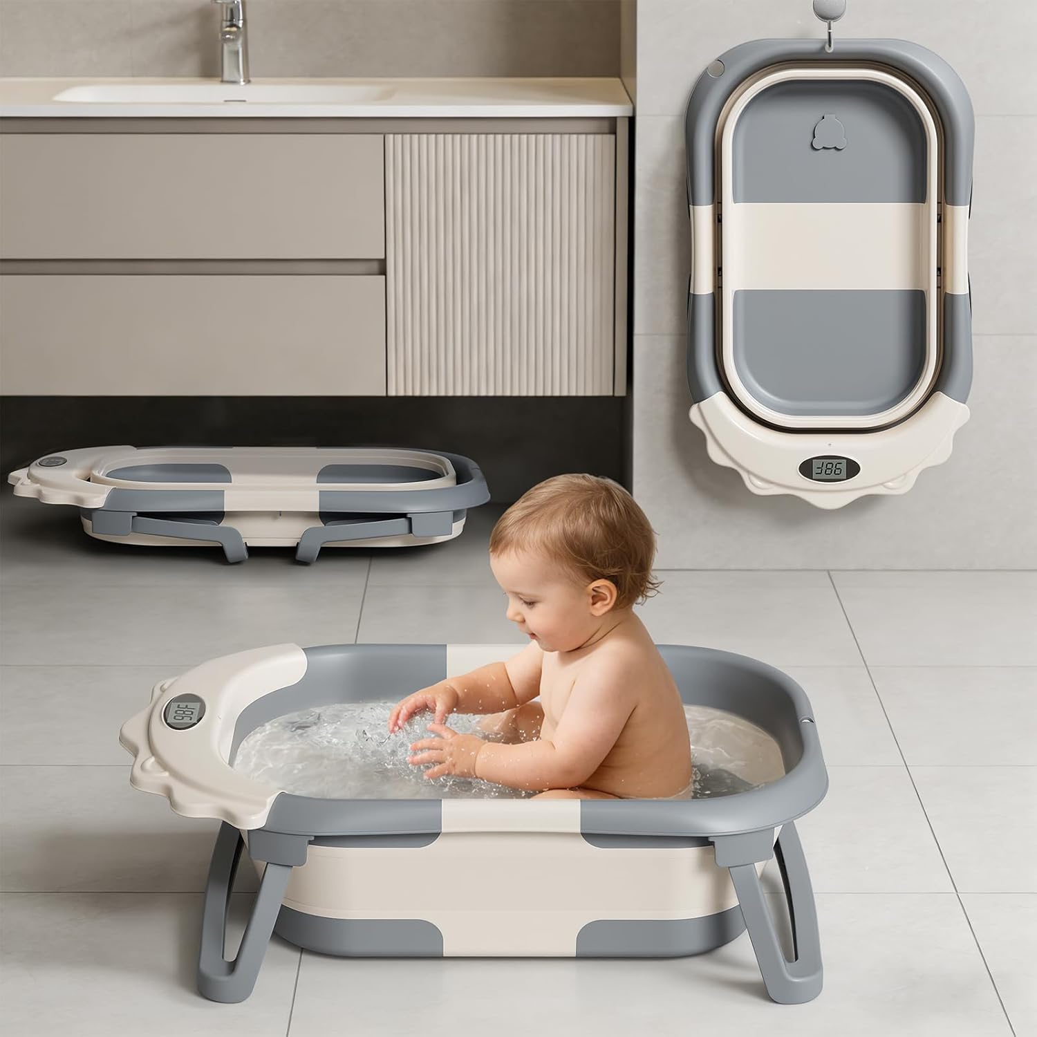 BAÑERA INFANTIL TPN 4-EN-1 PLEGABLE GRIS CON TERMÓMETRO - 3