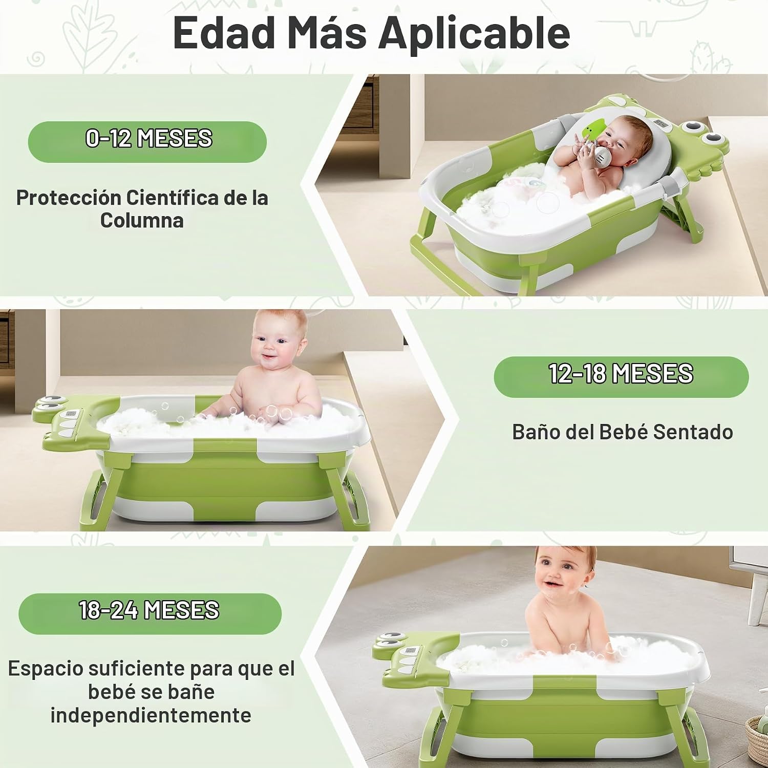 BAÑERA PLEGABLE PARA BEBÉ TAVLSHERO CON TERMÓMETRO Y COJÍN FLOTANTE VERDE - 2
